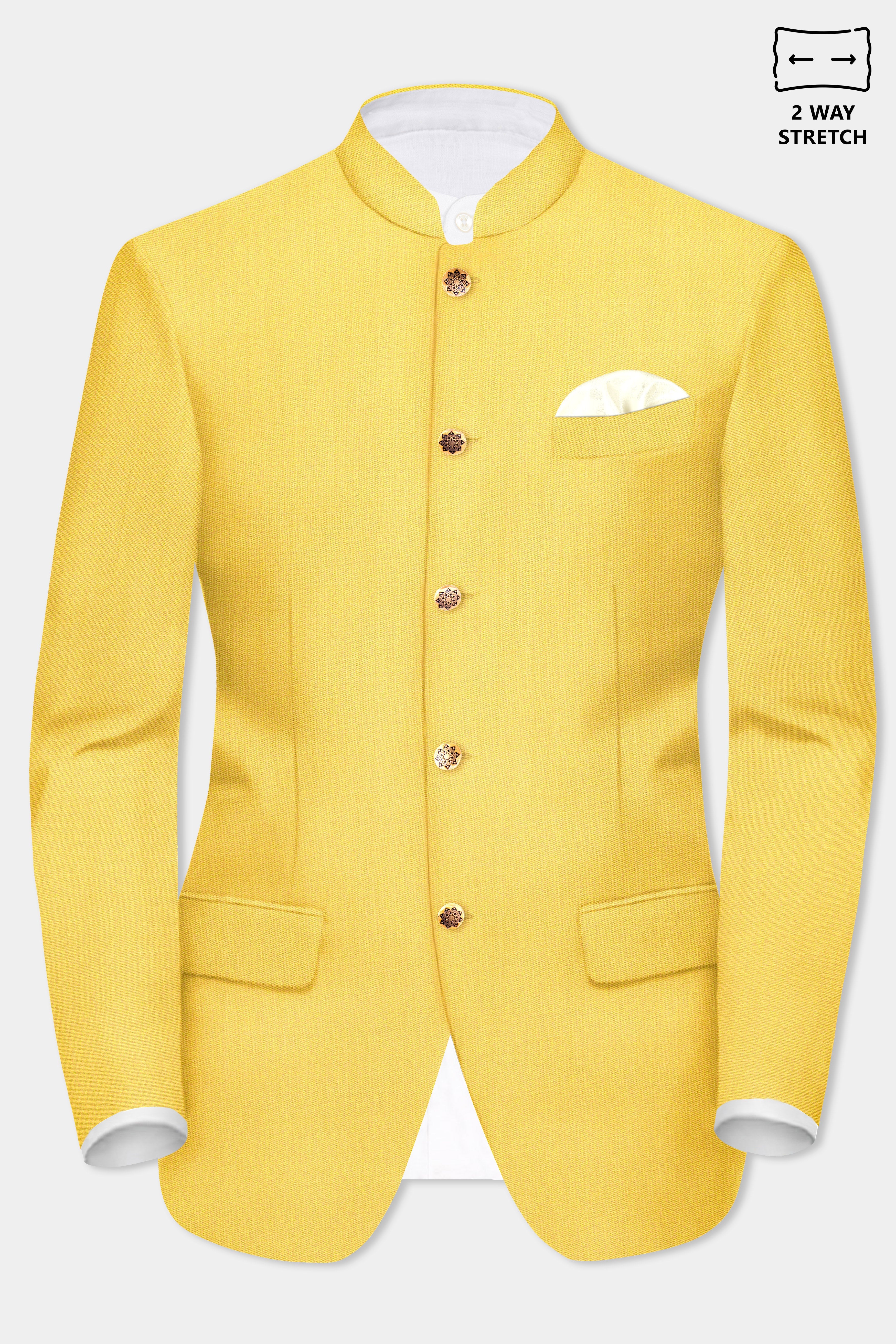 Saffron Elegance-Lemon Yellow Solid Wool Rich Bandhgala Stretchable traveler Blazer