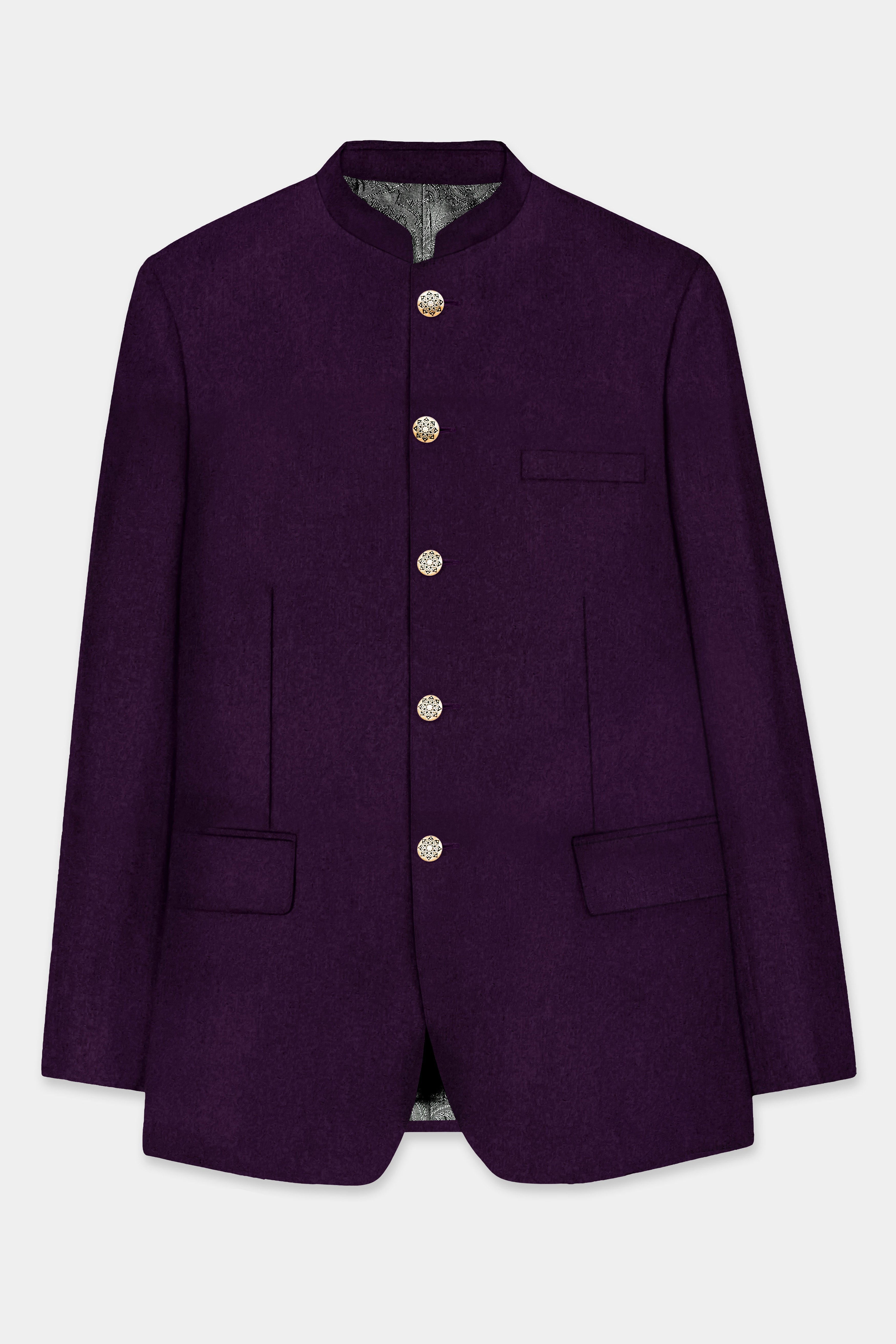 Regal Plum-Eggplant Purple Solid Wool Rich Bandhgala Stretchable traveler Blazer