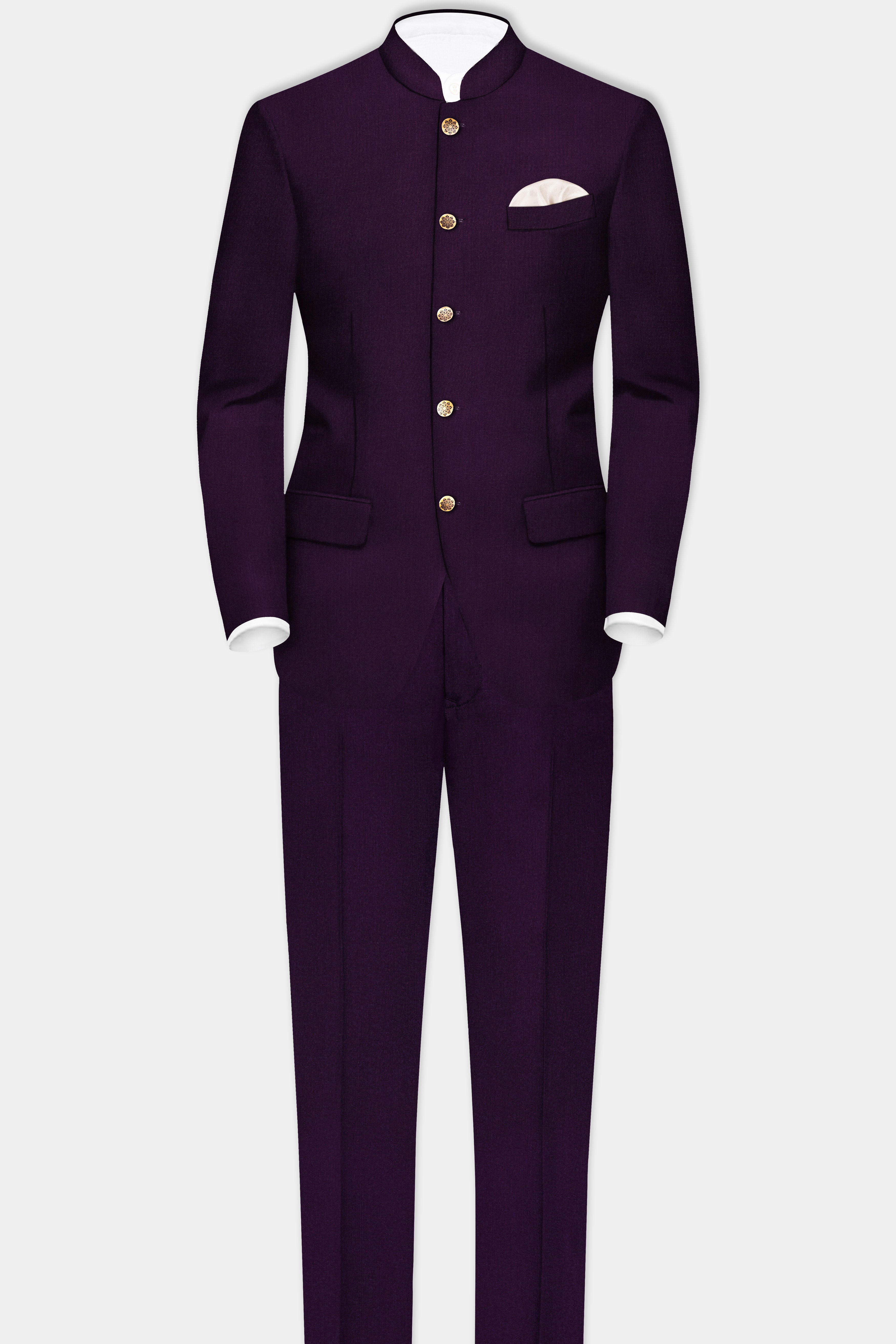 Regal Plum-Eggplant Purple Solid Wool Rich Bandhgala Stretchable traveler Blazer