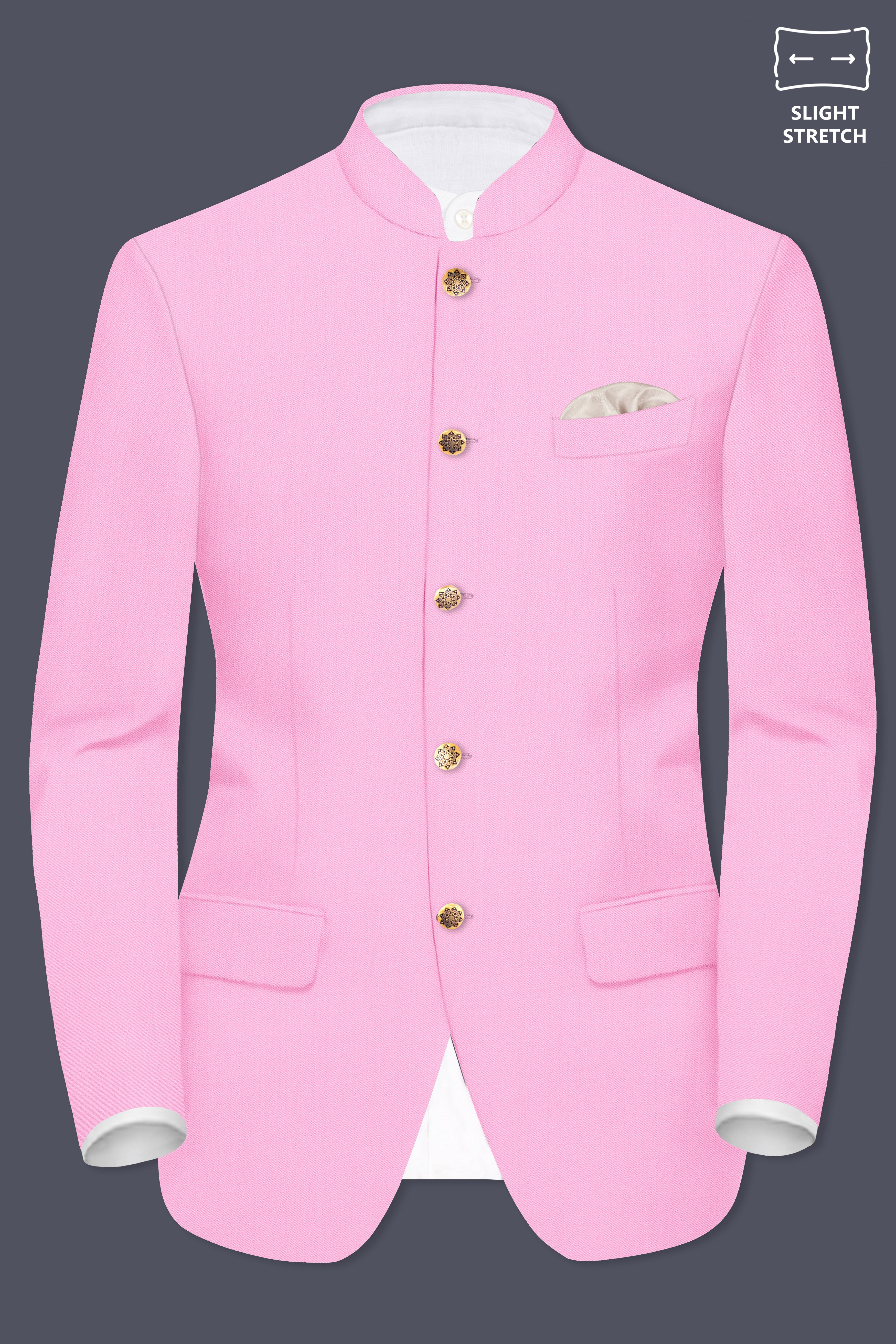 Rosé Reverie-Pestel Pink Solid Wool Rich Bandhgala Slight Stretch Blazer