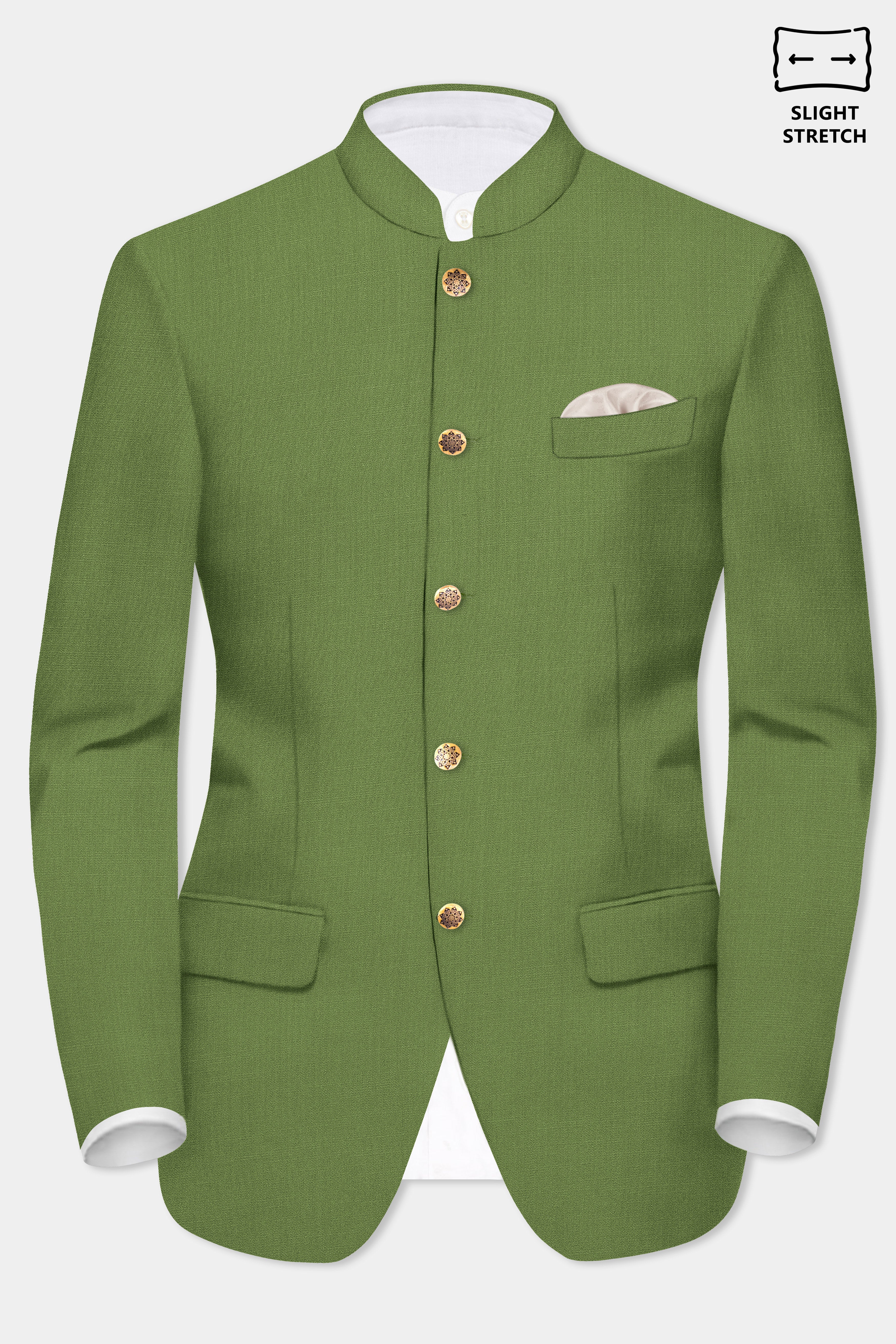 Sage Regal-Dingley Green Solid Wool Rich Bandhgala Slight Stretch Blazer