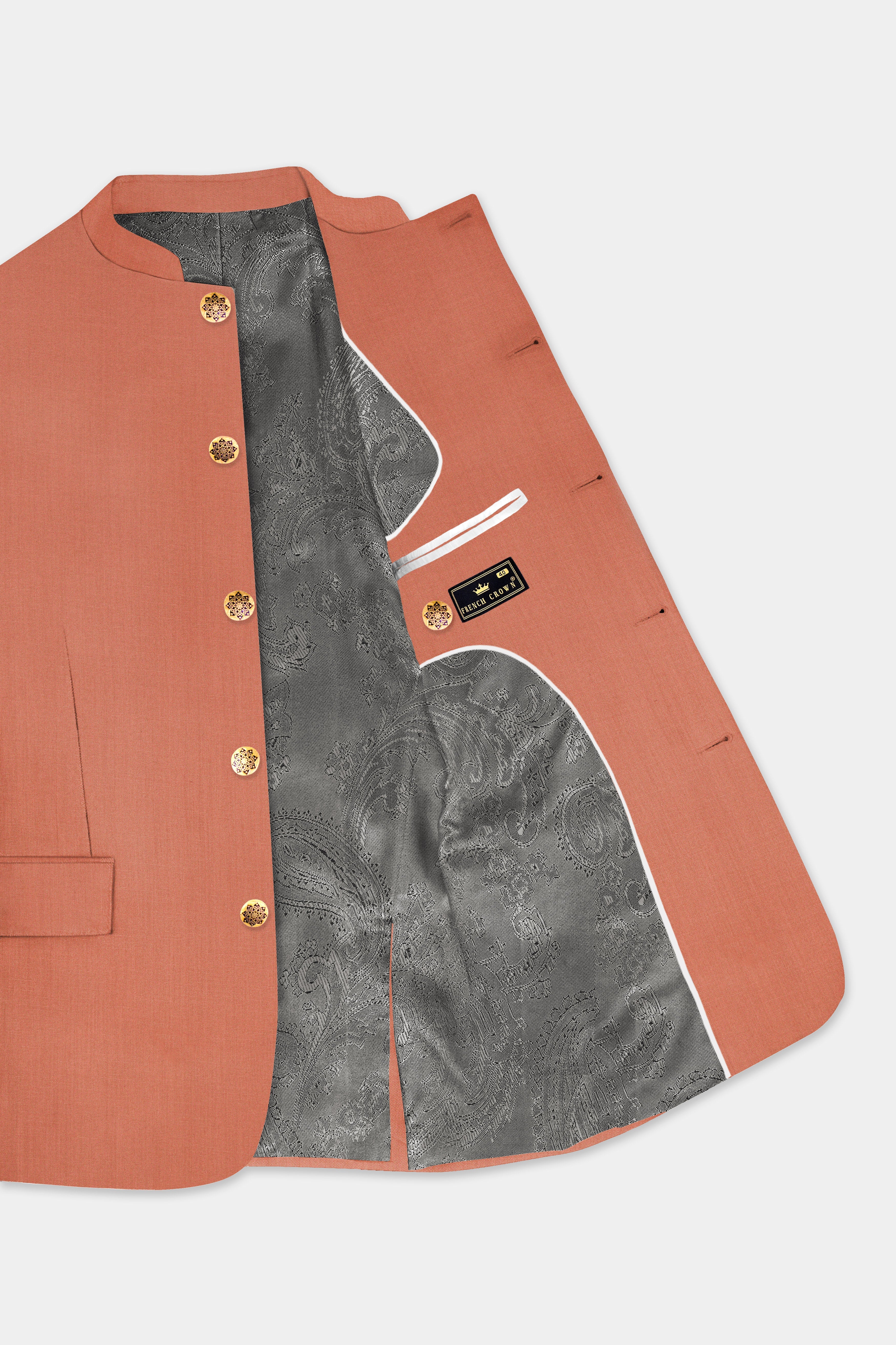 Spiced Sunset-Salmon Orange Solid Wool Rich Bandhgala Stretchable traveler Blazer