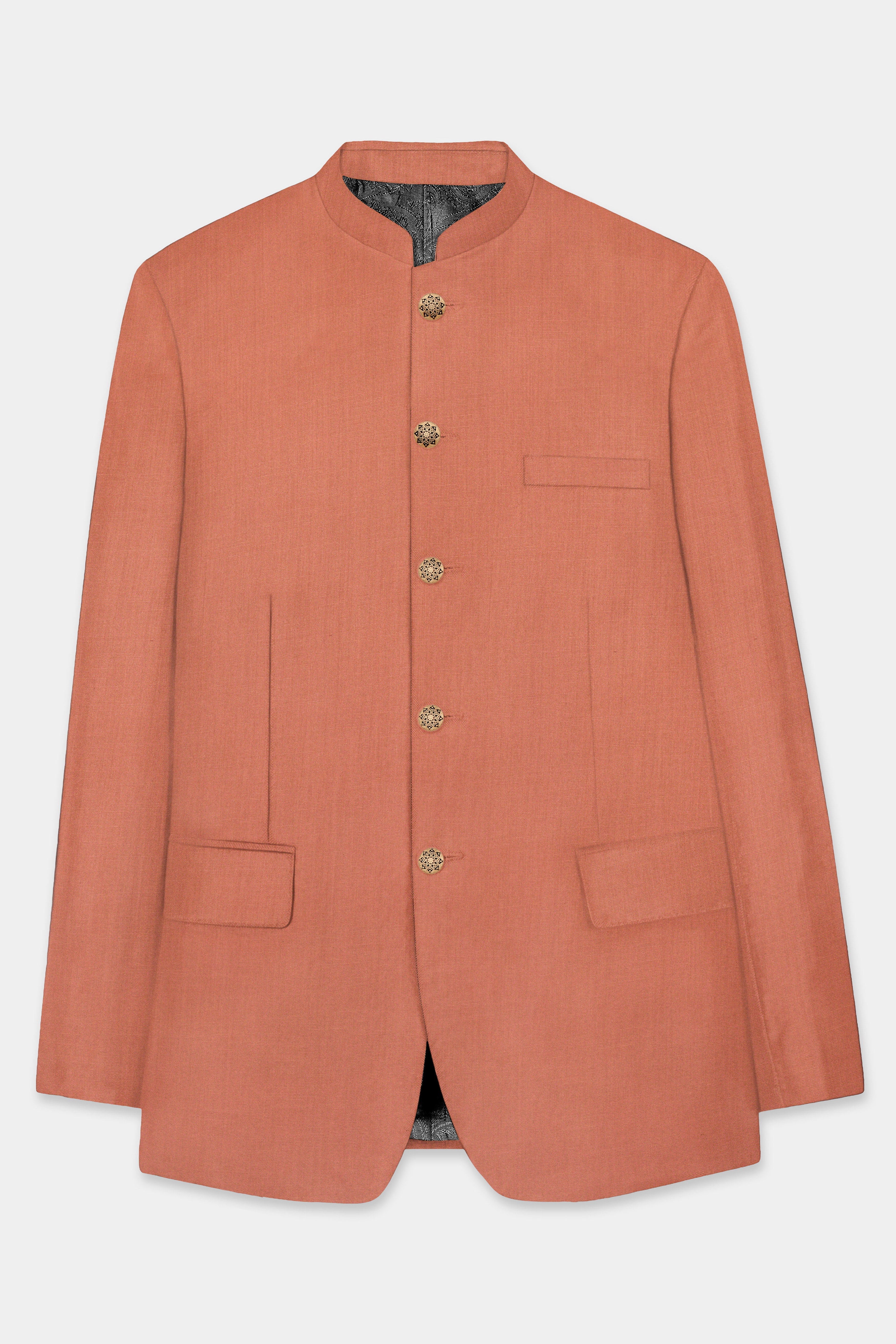 Spiced Sunset-Salmon Orange Solid Wool Rich Bandhgala Stretchable traveler Blazer