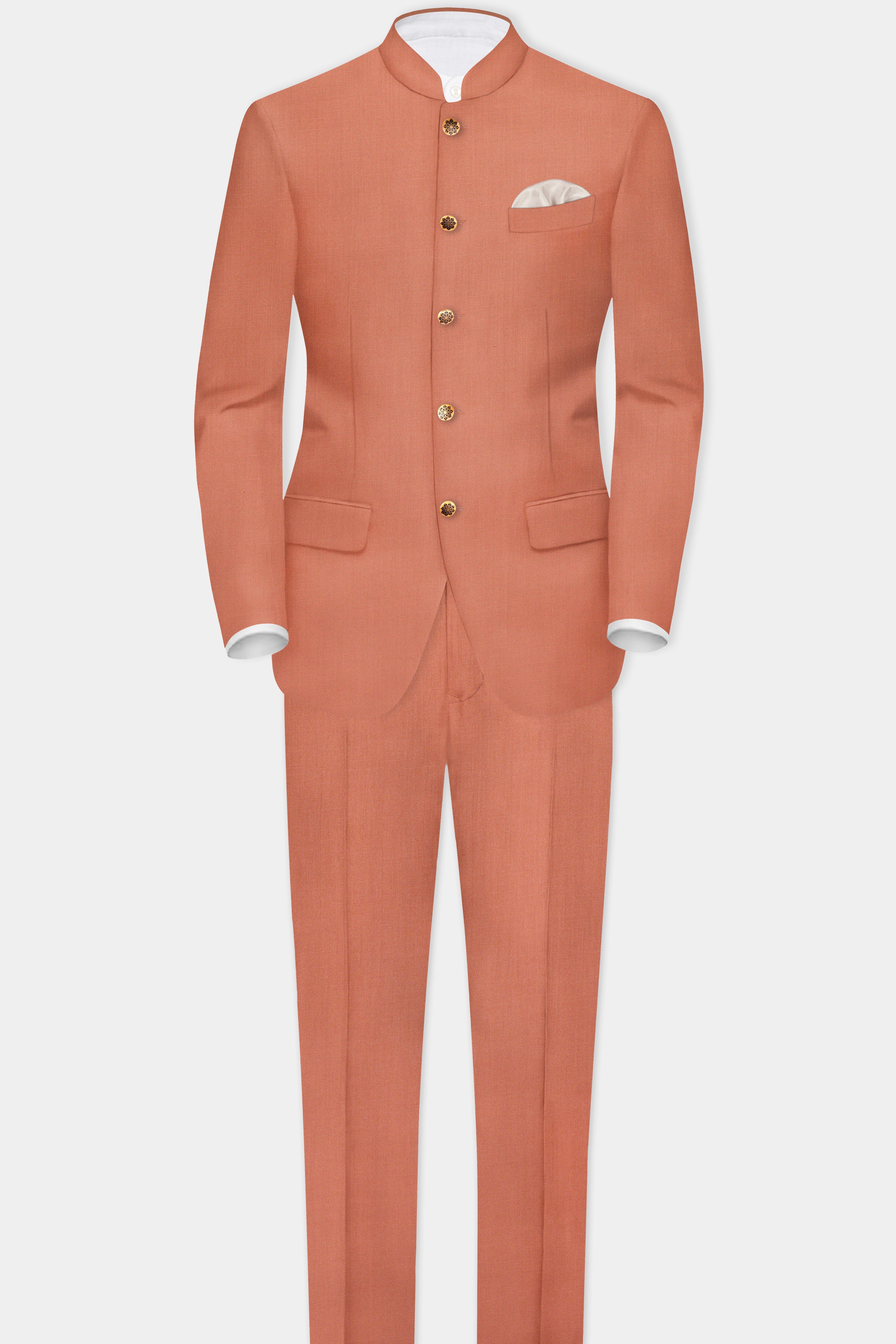 Spiced Sunset-Salmon Orange Solid Wool Rich Bandhgala Stretchable traveler Blazer