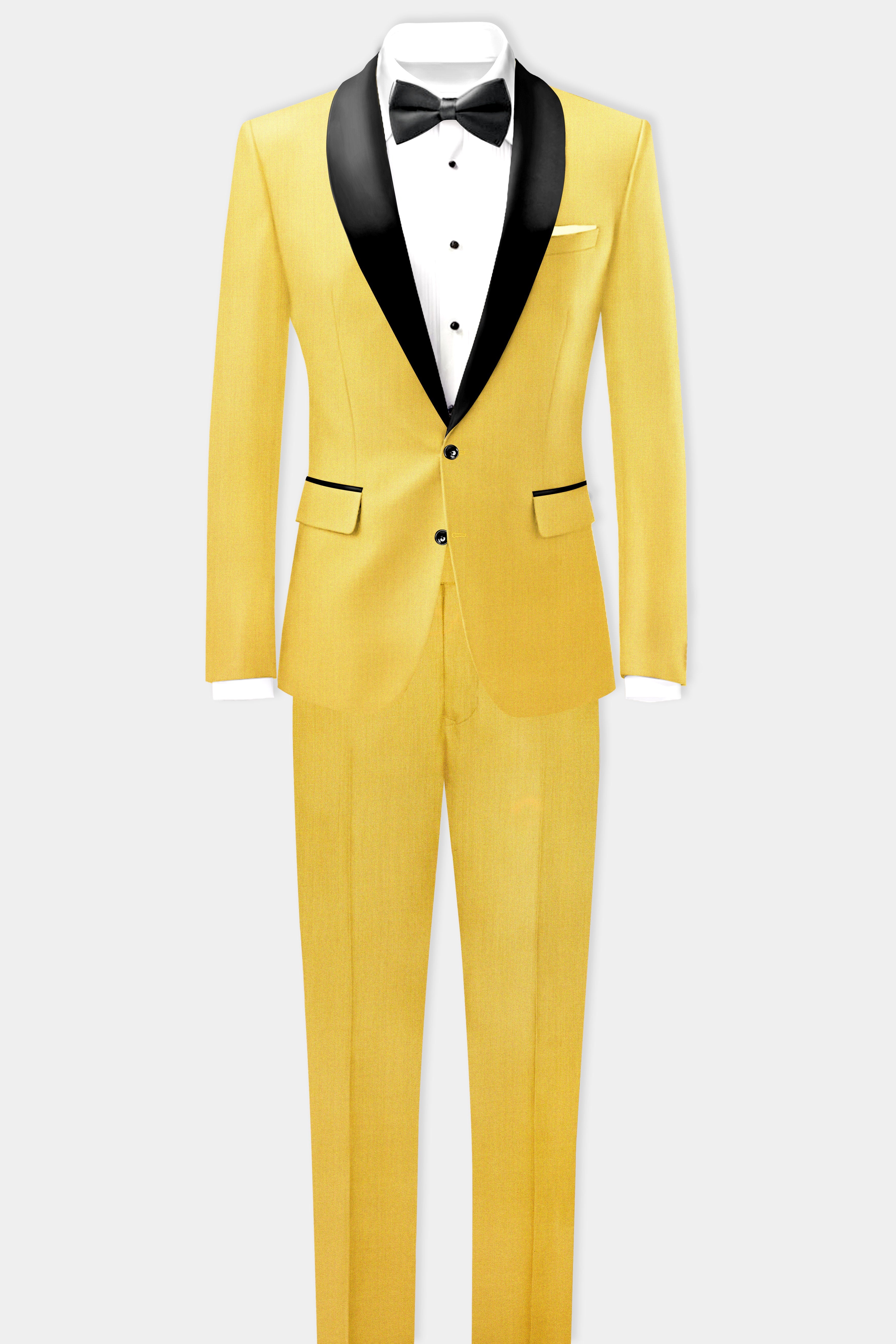 Saffron Elegance-Lemon Yellow Solid Wool Rich Tuxedo Stretchable traveler Blazer