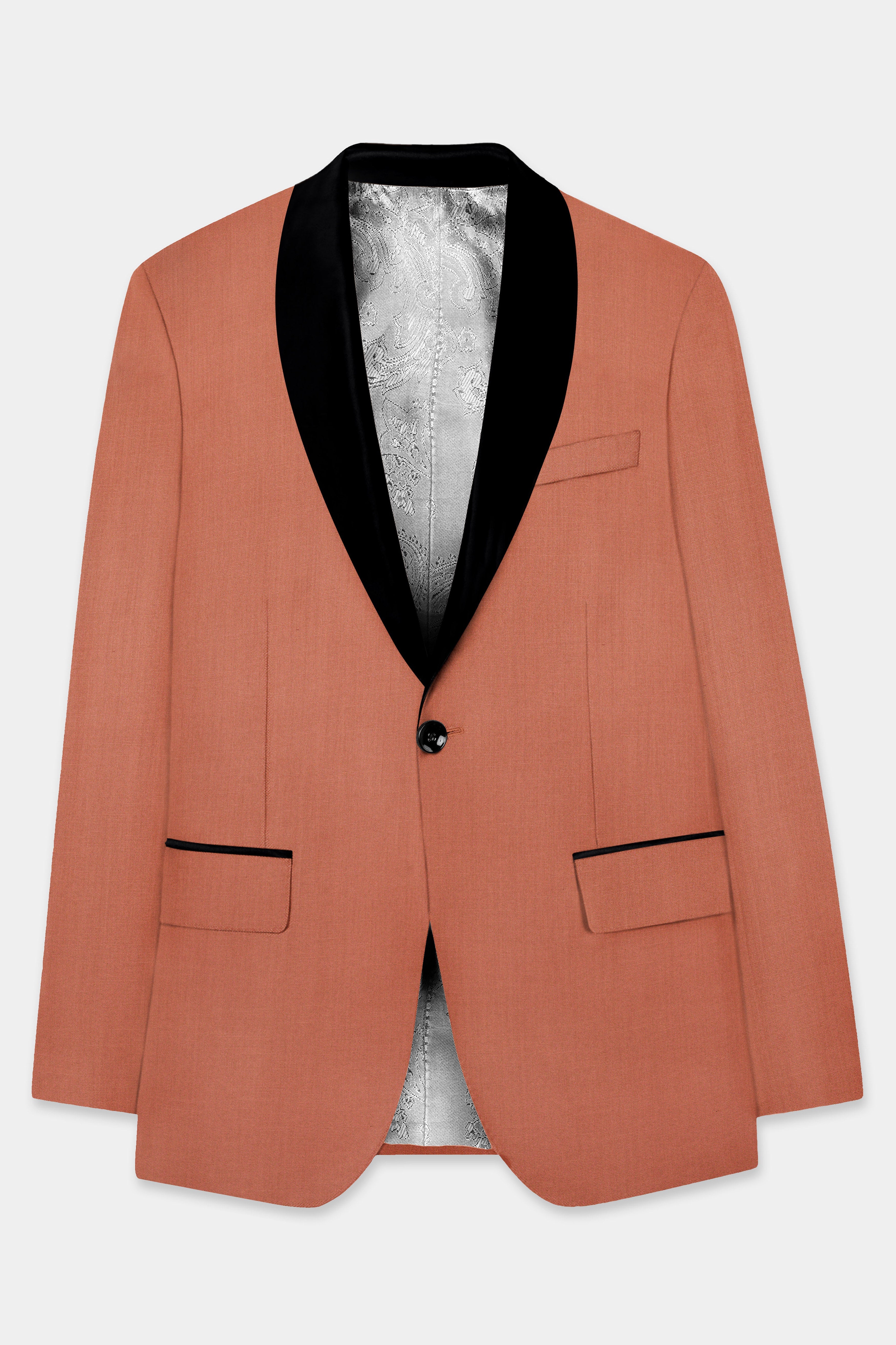 Spiced Sunset-Salmon Orange Solid Wool Rich Tuxedo Stretchable traveler Blazer