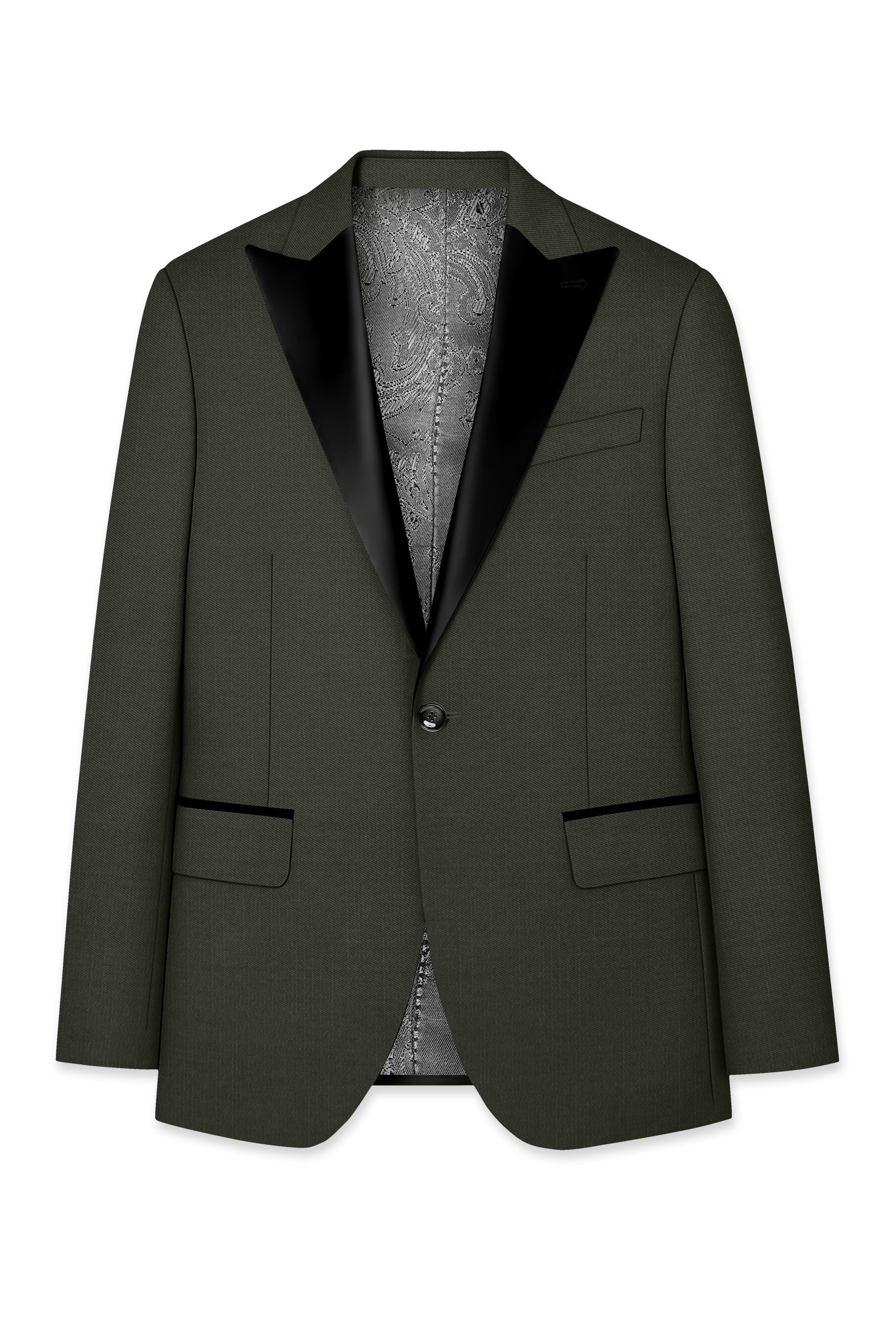 Verdant Majesty-Juniper Green Solid Wool Rich Peak Lapel Tuxedo Slight Stretch Blazer