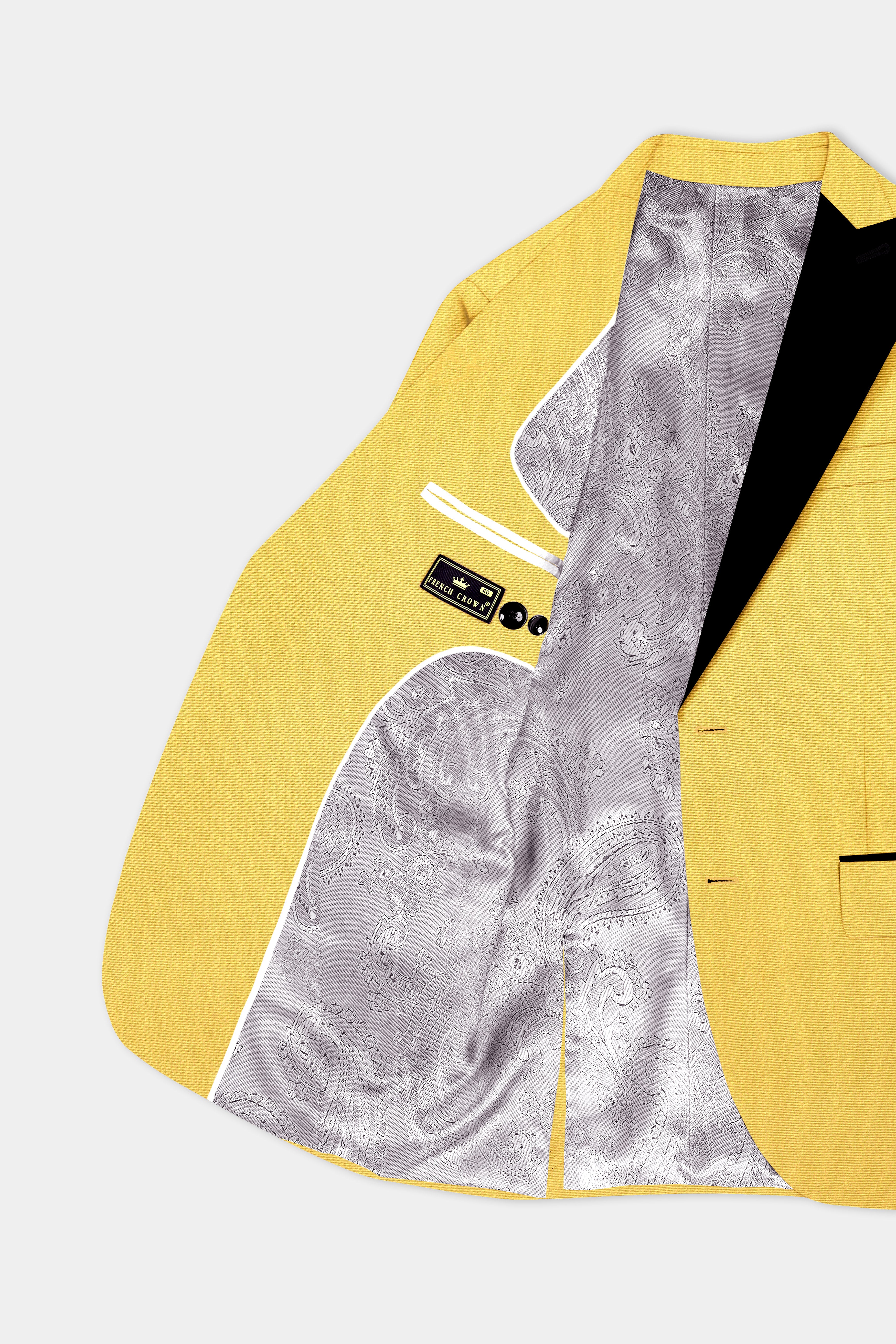 Saffron Elegance-Lemon Yellow Solid Wool Rich Peak Lapel Tuxedo Slight Stretch Blazer