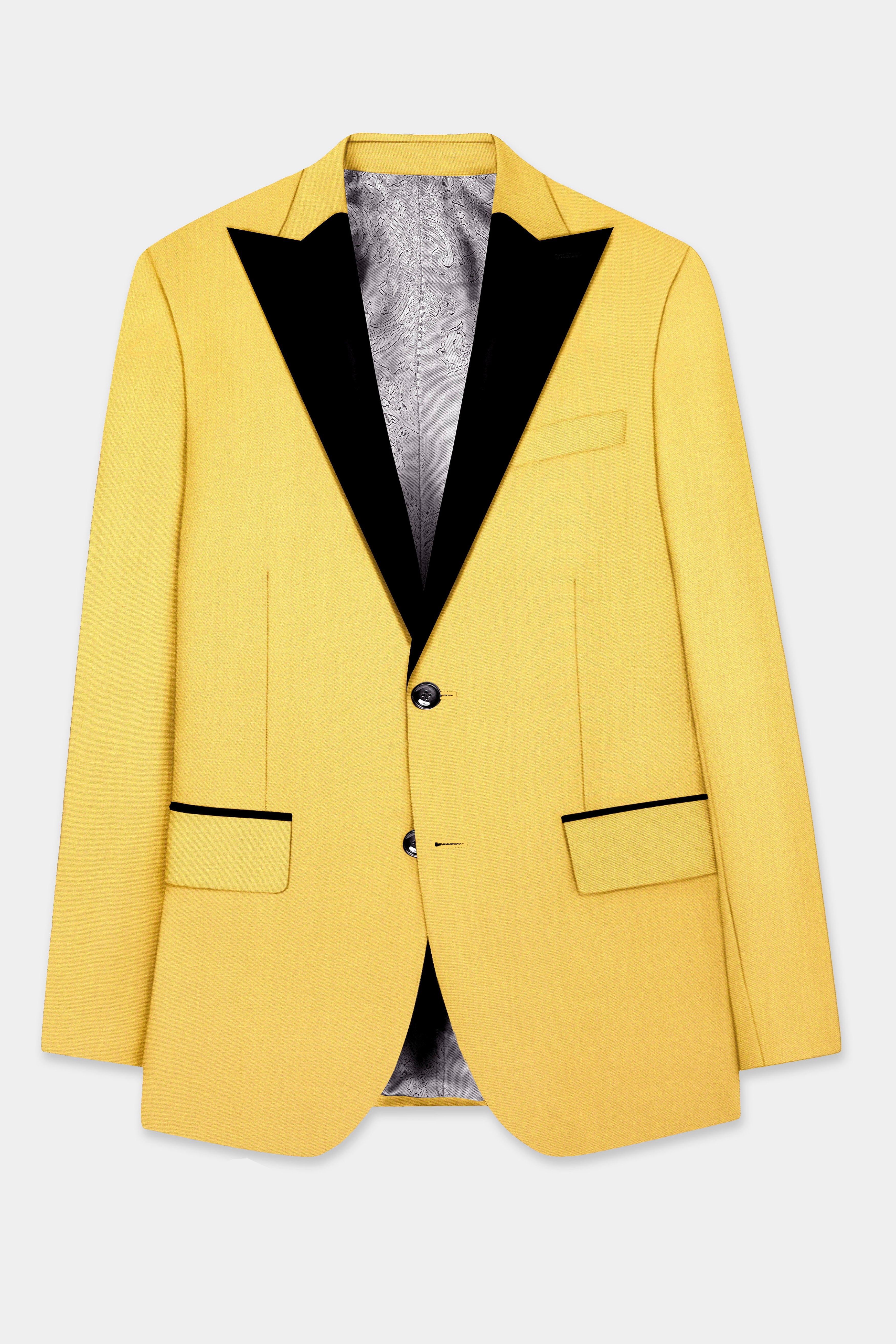 Saffron Elegance-Lemon Yellow Solid Wool Rich Peak Lapel Tuxedo Stretchable traveler Blazer