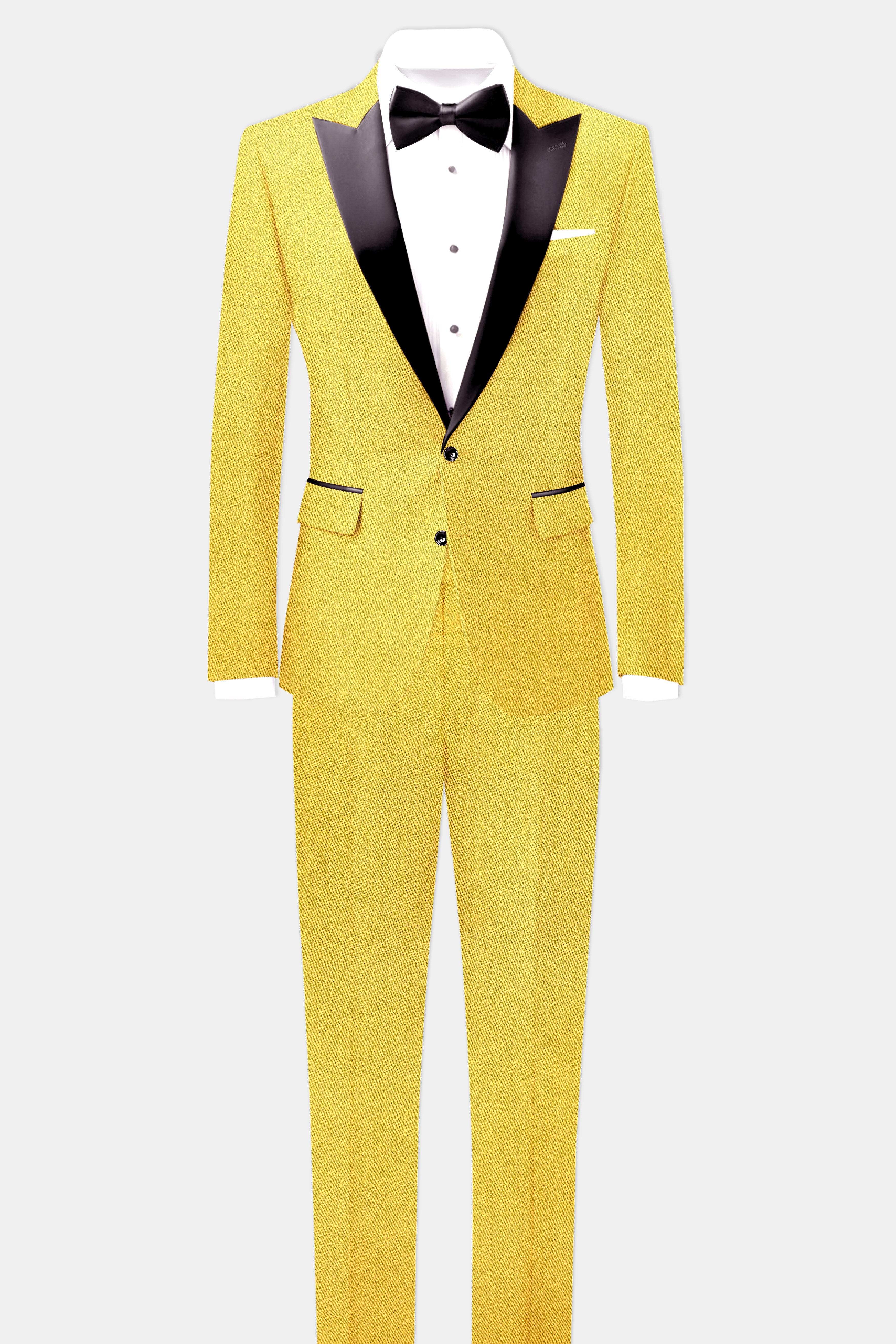 Saffron Elegance-Lemon Yellow Solid Wool Rich Peak Lapel Tuxedo Stretchable traveler Blazer