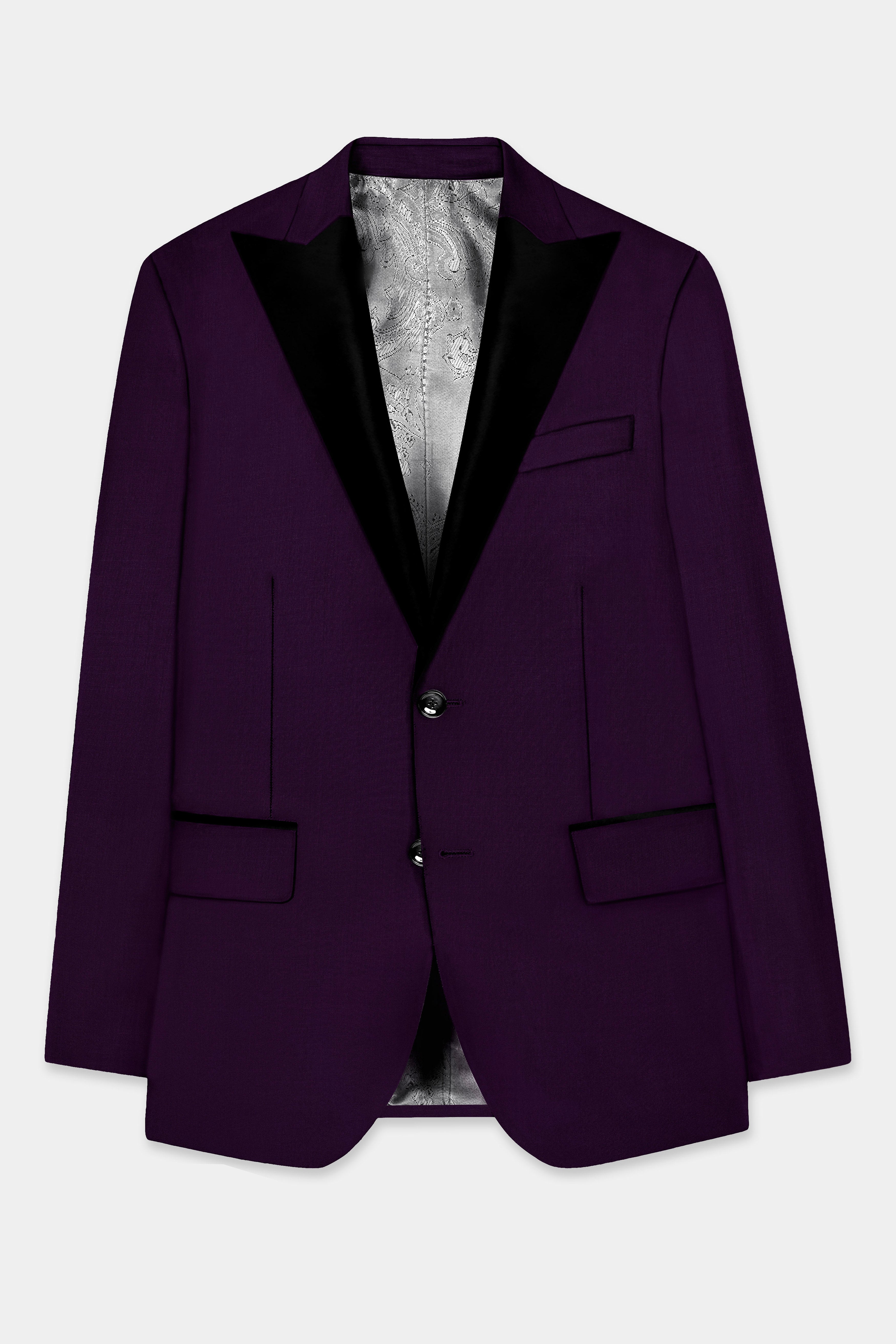 Regal Plum-Eggplant Purple Solid Wool Rich Peak Lapel Tuxedo Stretchable traveler Blazer