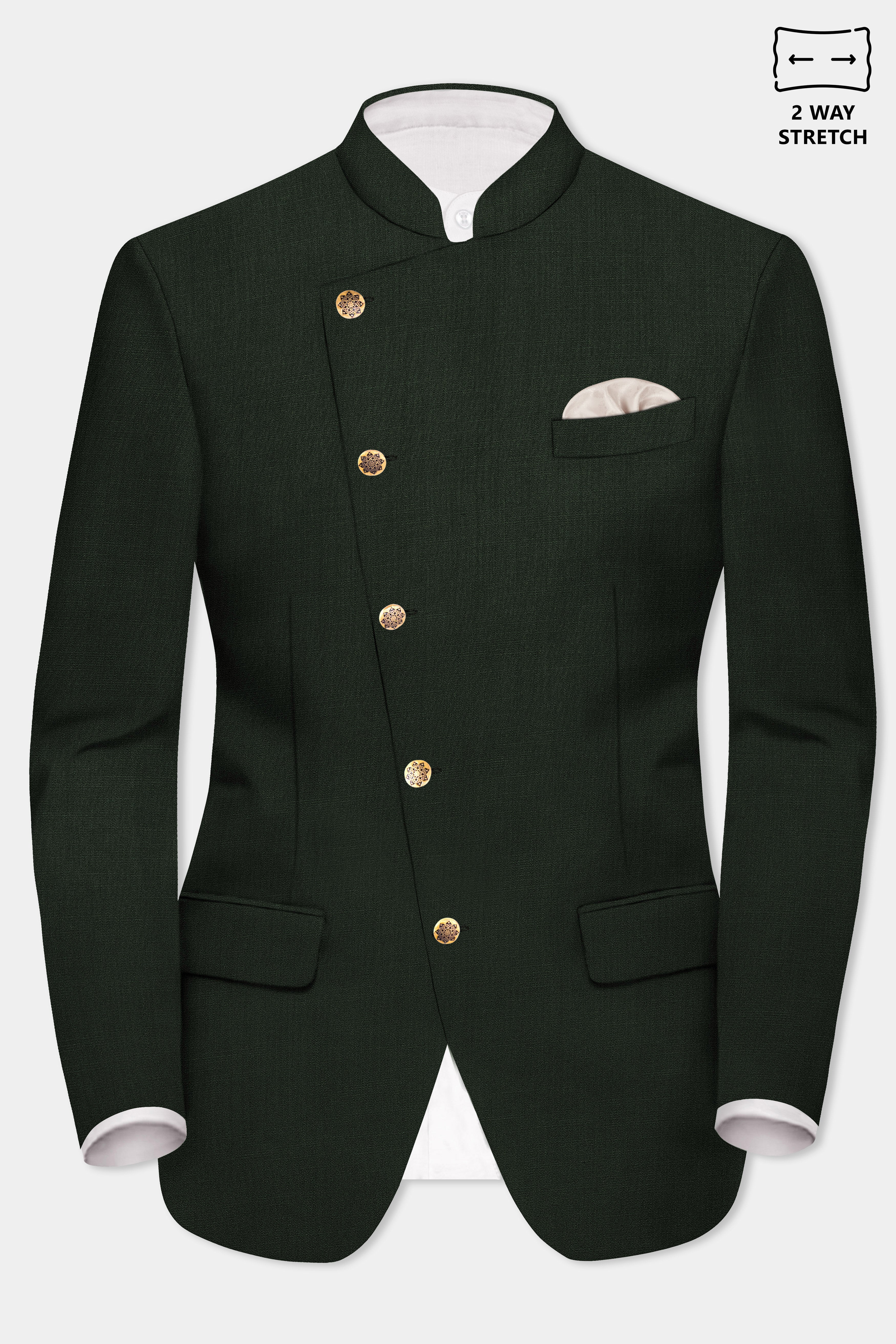 Verdant Majesty-Juniper Green Solid Wool Rich Cross Placket Bandhgala Stretchable traveler Blazer