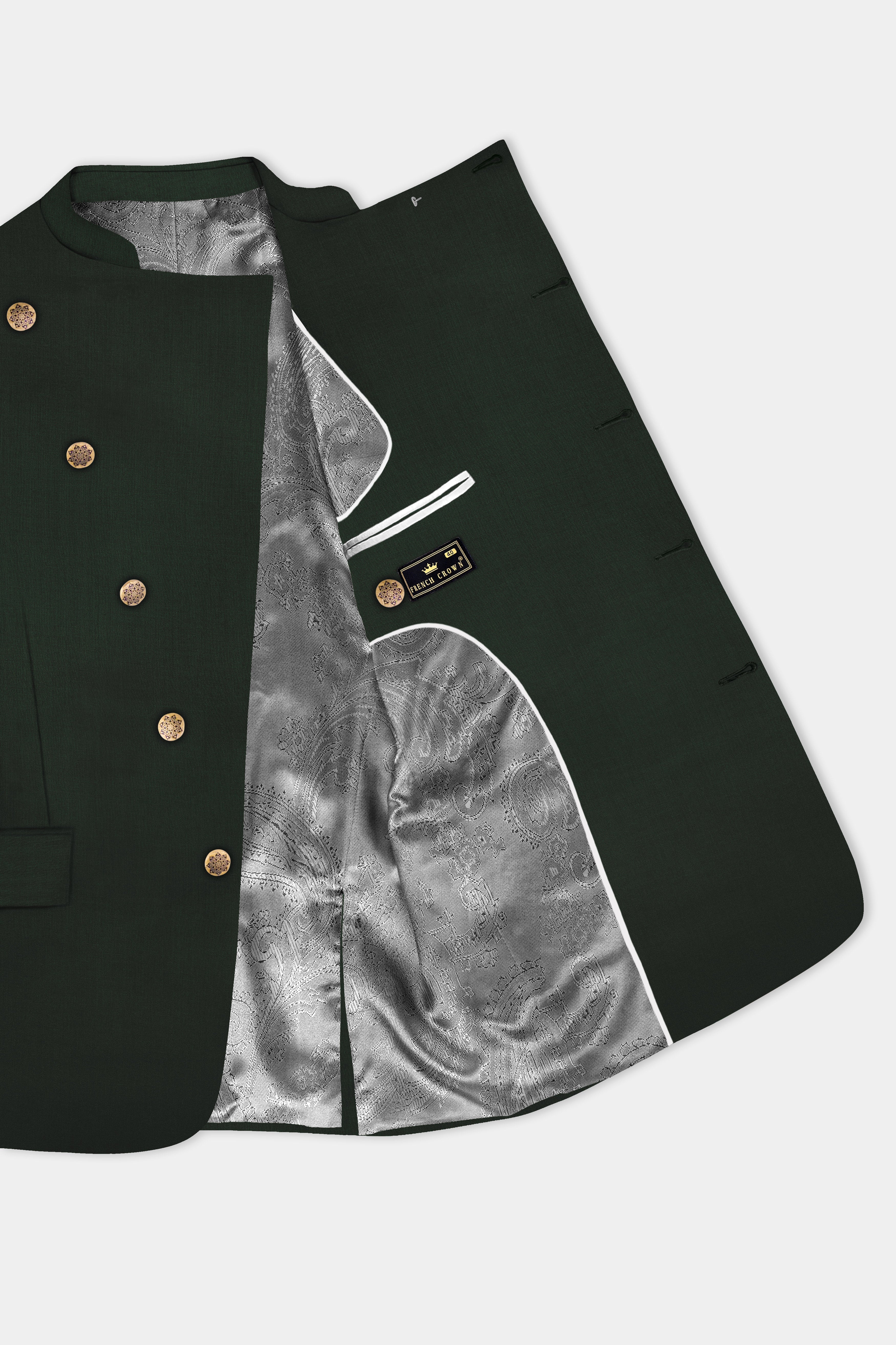 Verdant Majesty-Juniper Green Solid Wool Rich Cross Placket Bandhgala Stretchable traveler Blazer