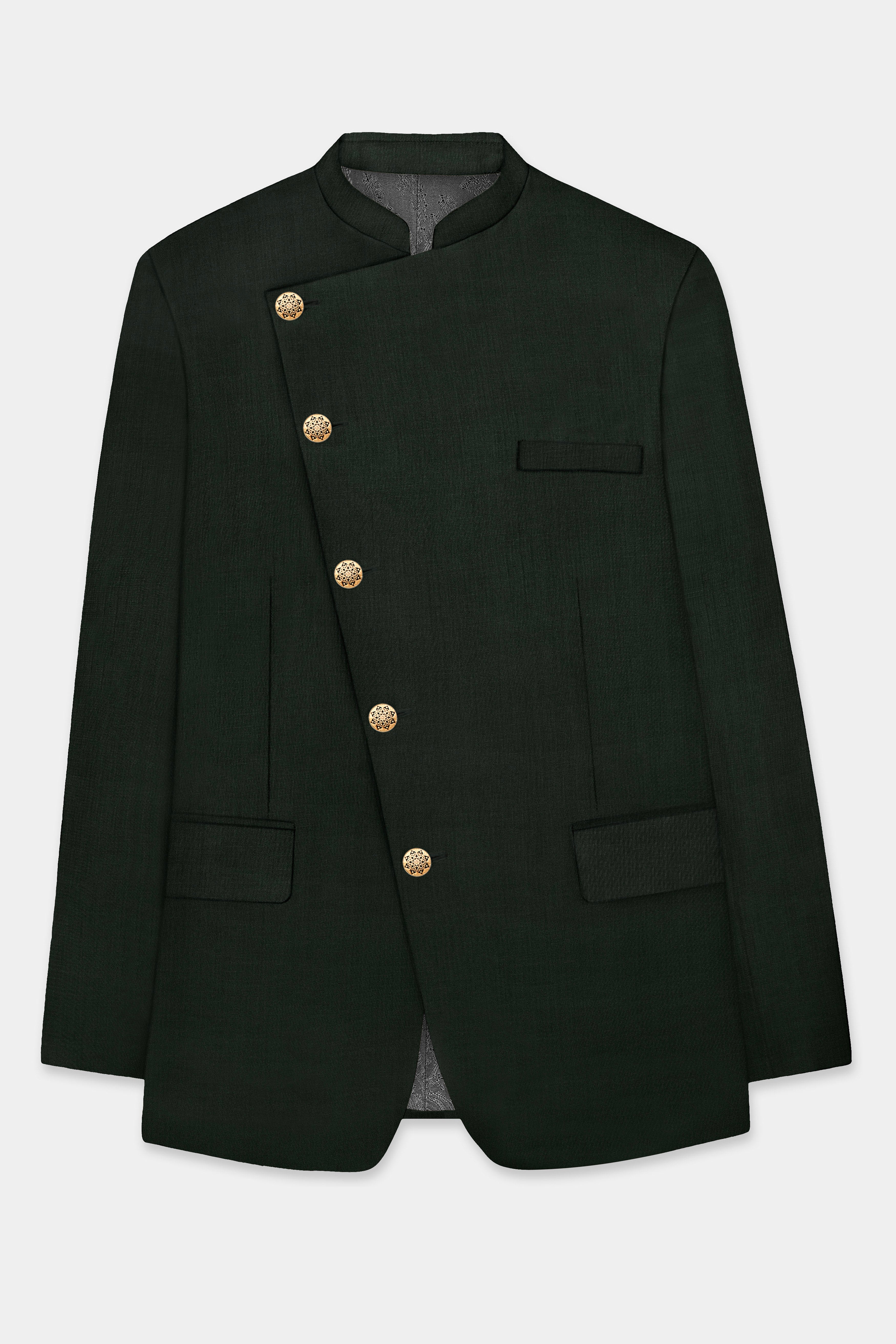 Verdant Majesty-Juniper Green Solid Wool Rich Cross Placket Bandhgala Slight Stretch Blazer