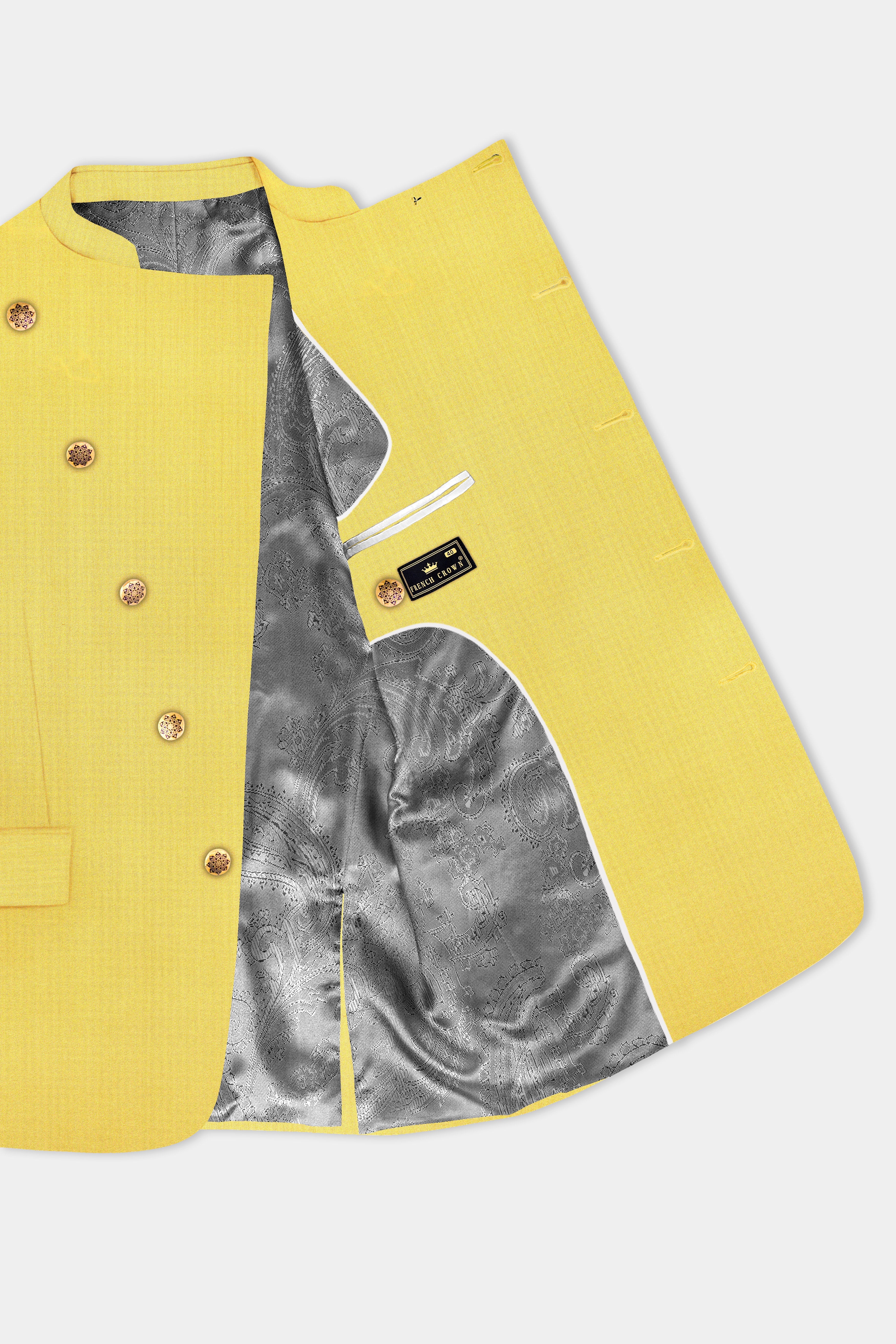 Saffron Elegance-Lemon Yellow Solid Wool Rich Cross Placket Bandhgala Stretchable traveler Blazer