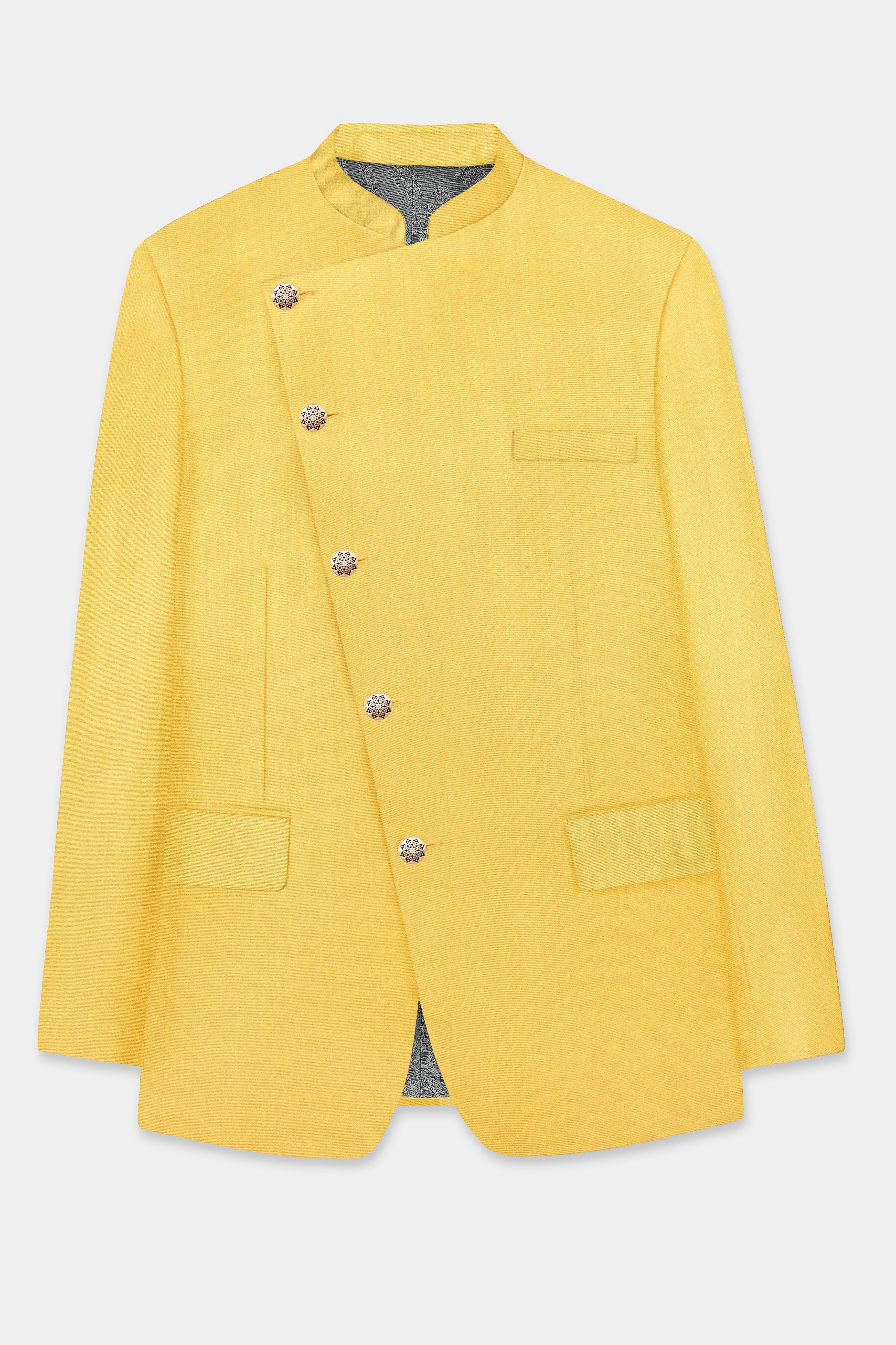 Saffron Elegance-Lemon Yellow Solid Wool Rich Cross Placket Bandhgala Stretchable traveler Blazer