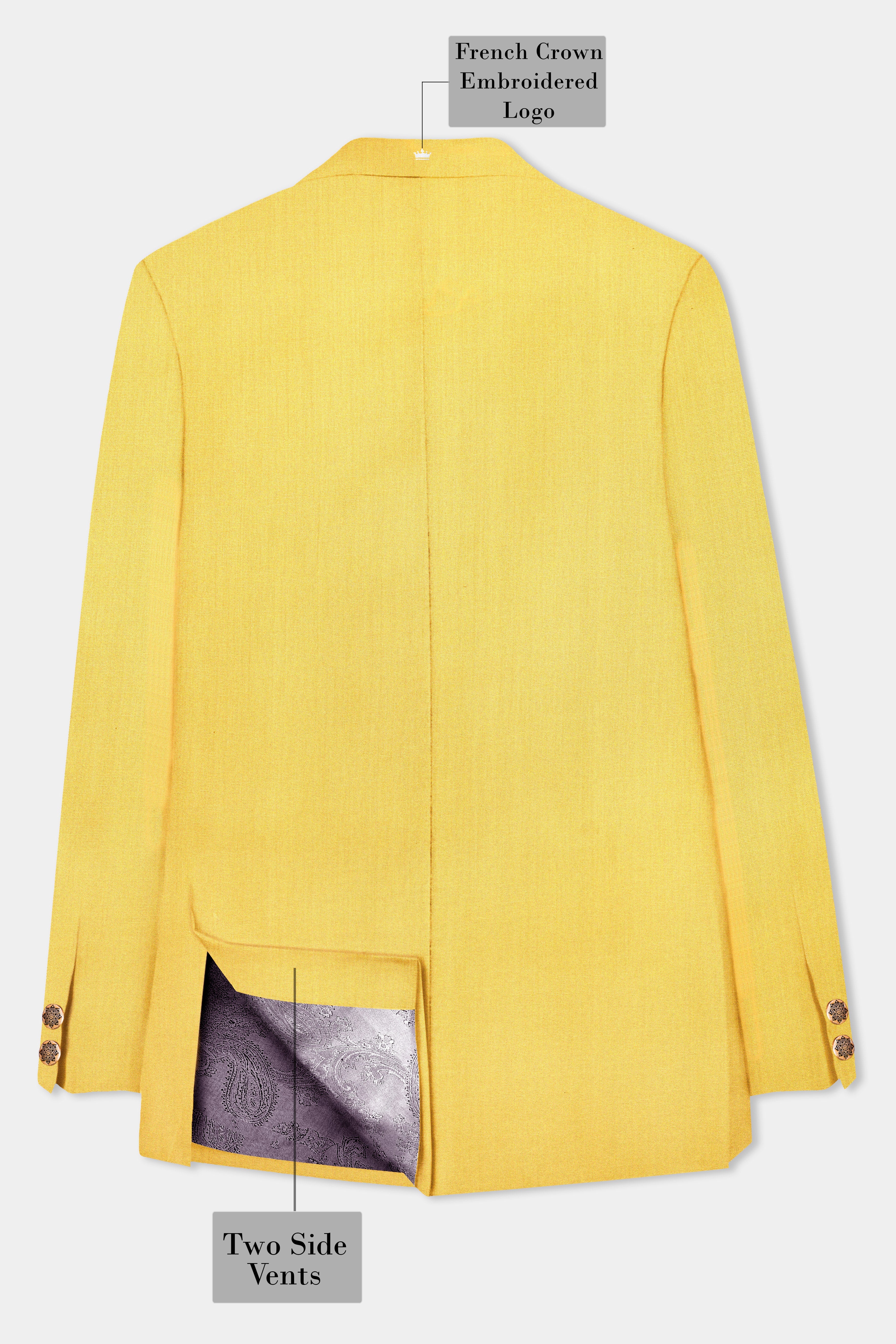 Saffron Elegance-Lemon Yellow Solid Wool Rich Cross Placket Bandhgala Stretchable traveler Blazer