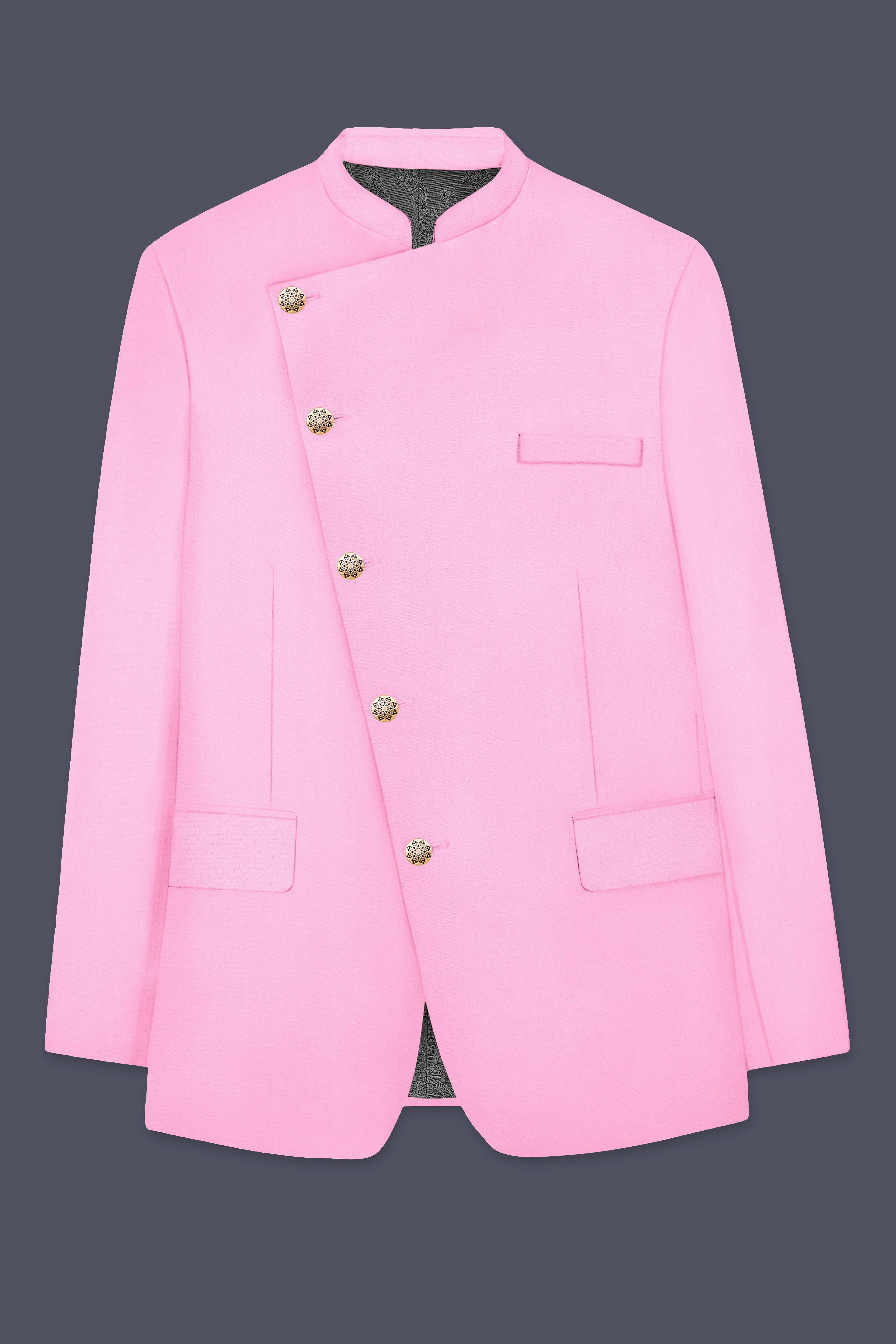 Rosé Reverie-Pestel Pink Solid Wool Rich Cross Placket Bandhgala Stretchable traveler Blazer