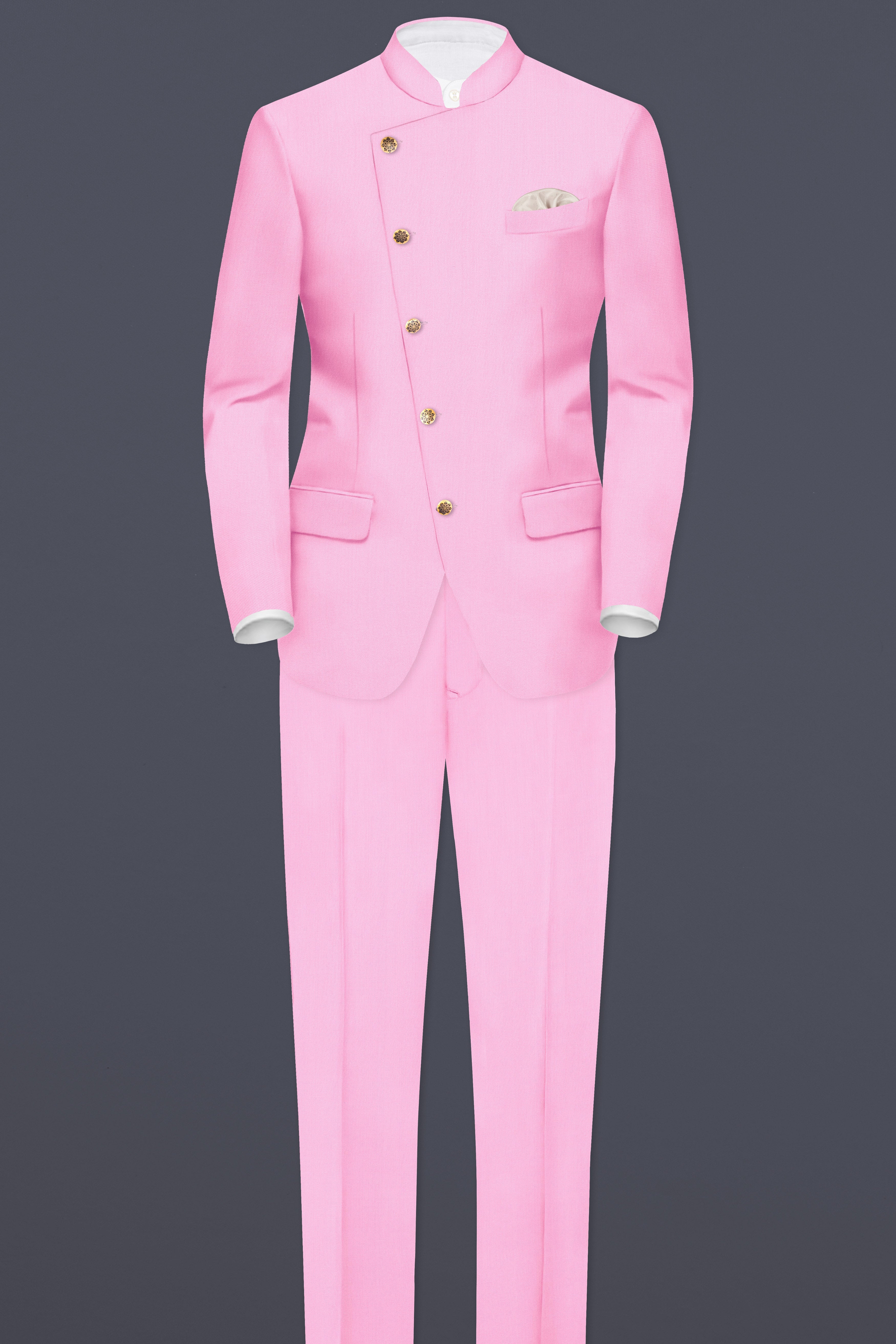 Rosé Reverie-Pestel Pink Solid Wool Rich Cross Placket Bandhgala Stretchable traveler Blazer