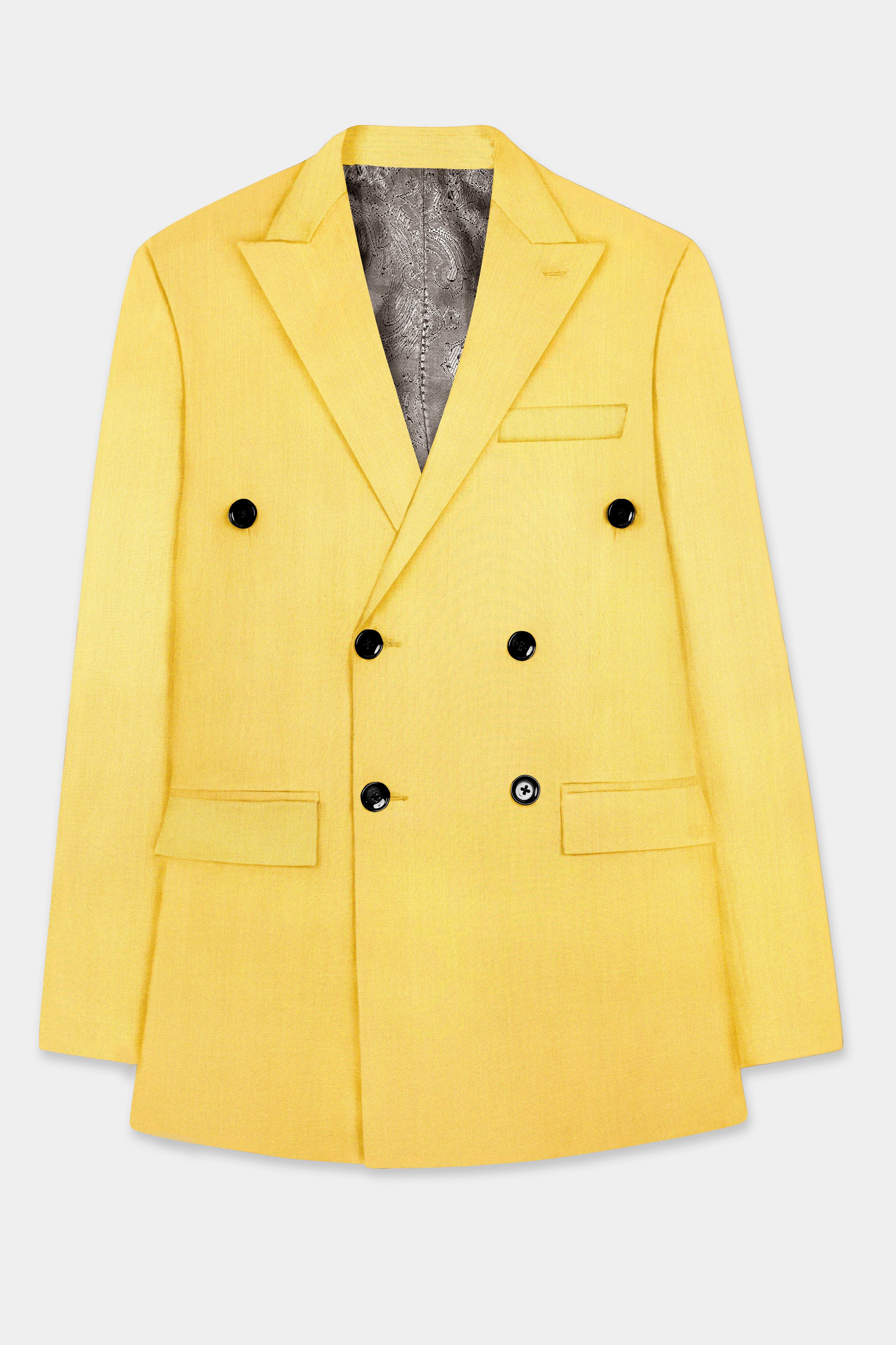 Saffron Elegance-Lemon Yellow Solid Wool Rich Double Breasted Stretchable traveler Blazer