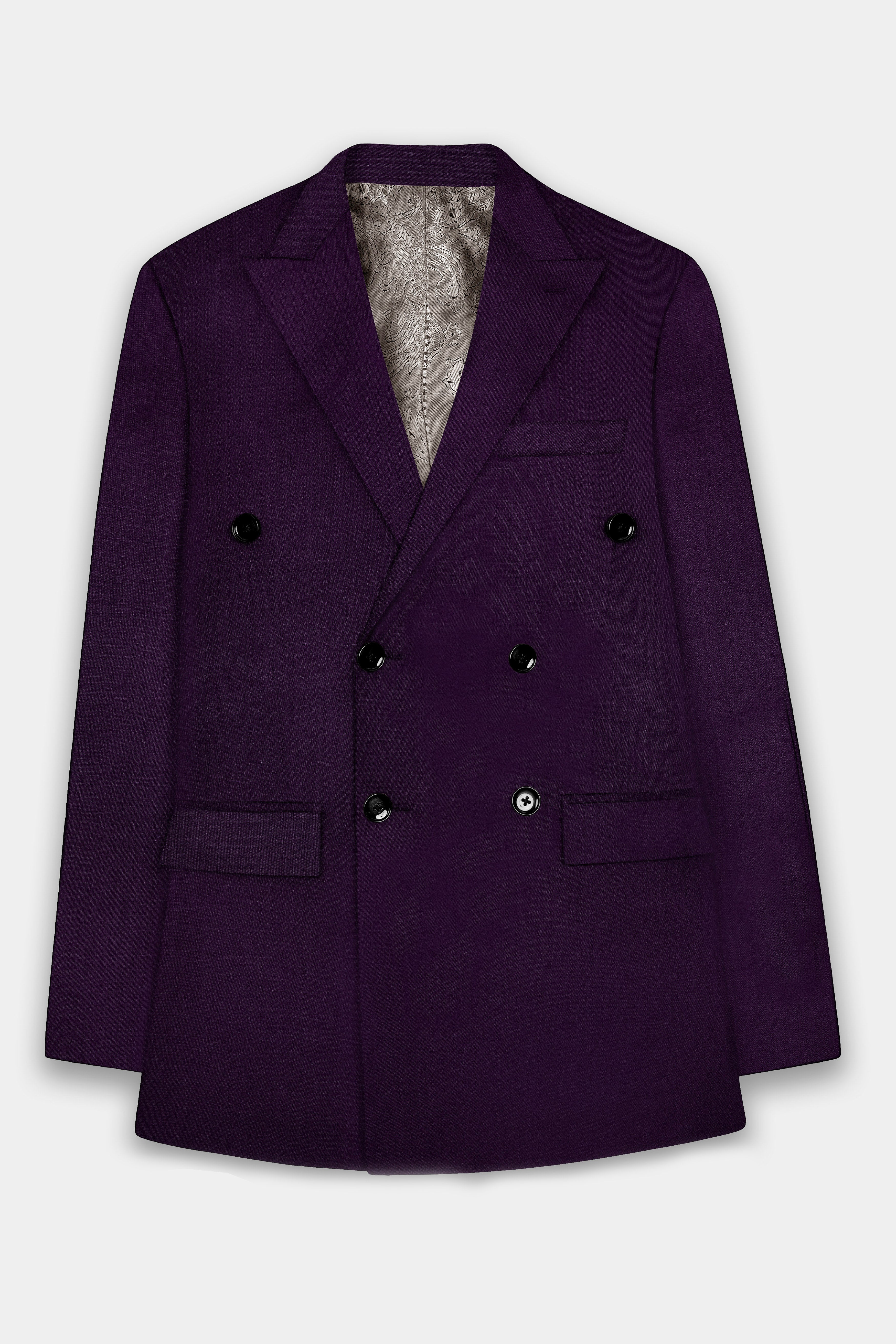 Regal Plum-Eggplant Purple Solid Wool Rich Double Breasted Stretchable traveler Blazer