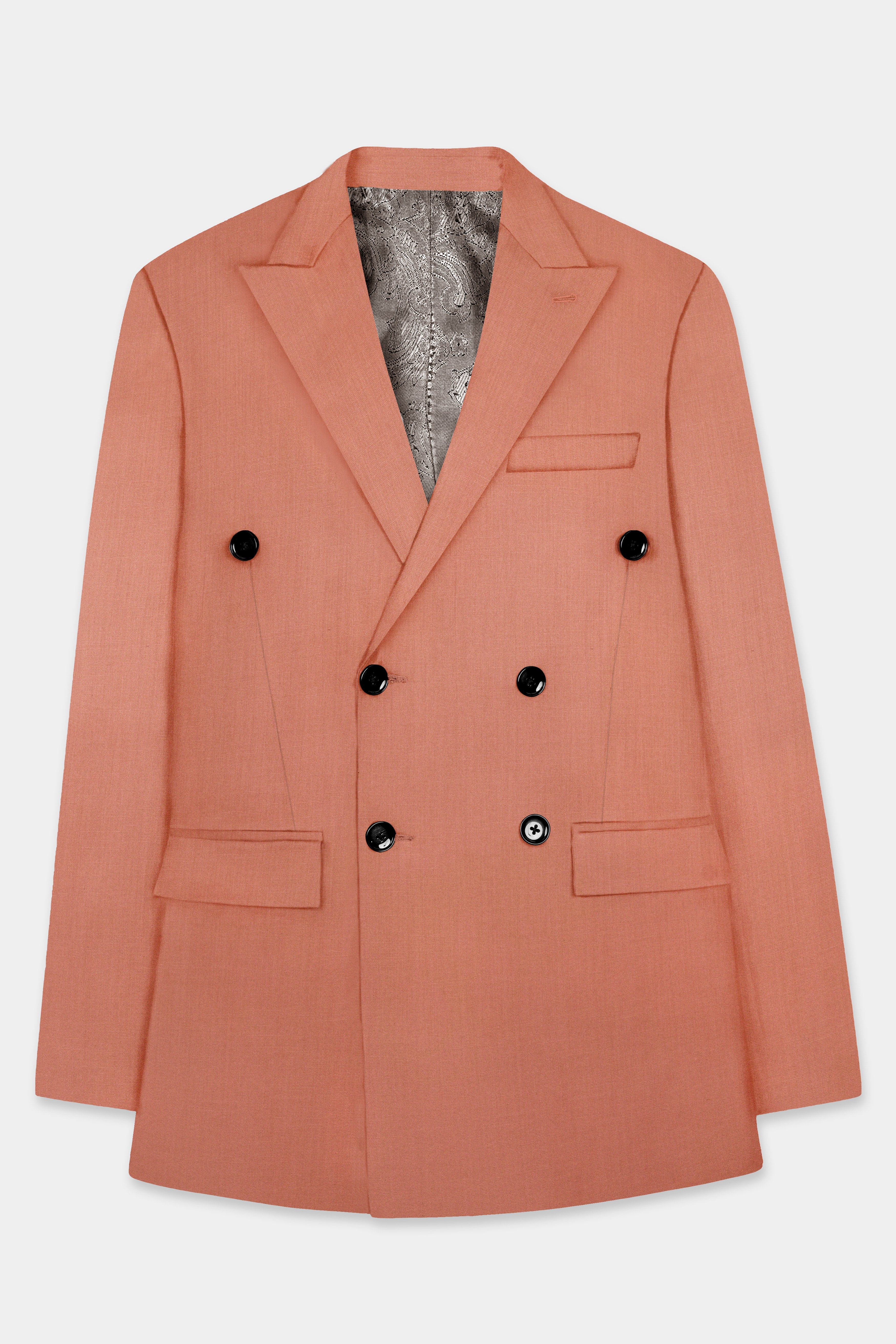 Spiced Sunset-Salmon Orange Solid Wool Rich Double Breasted Stretchable traveler Blazer