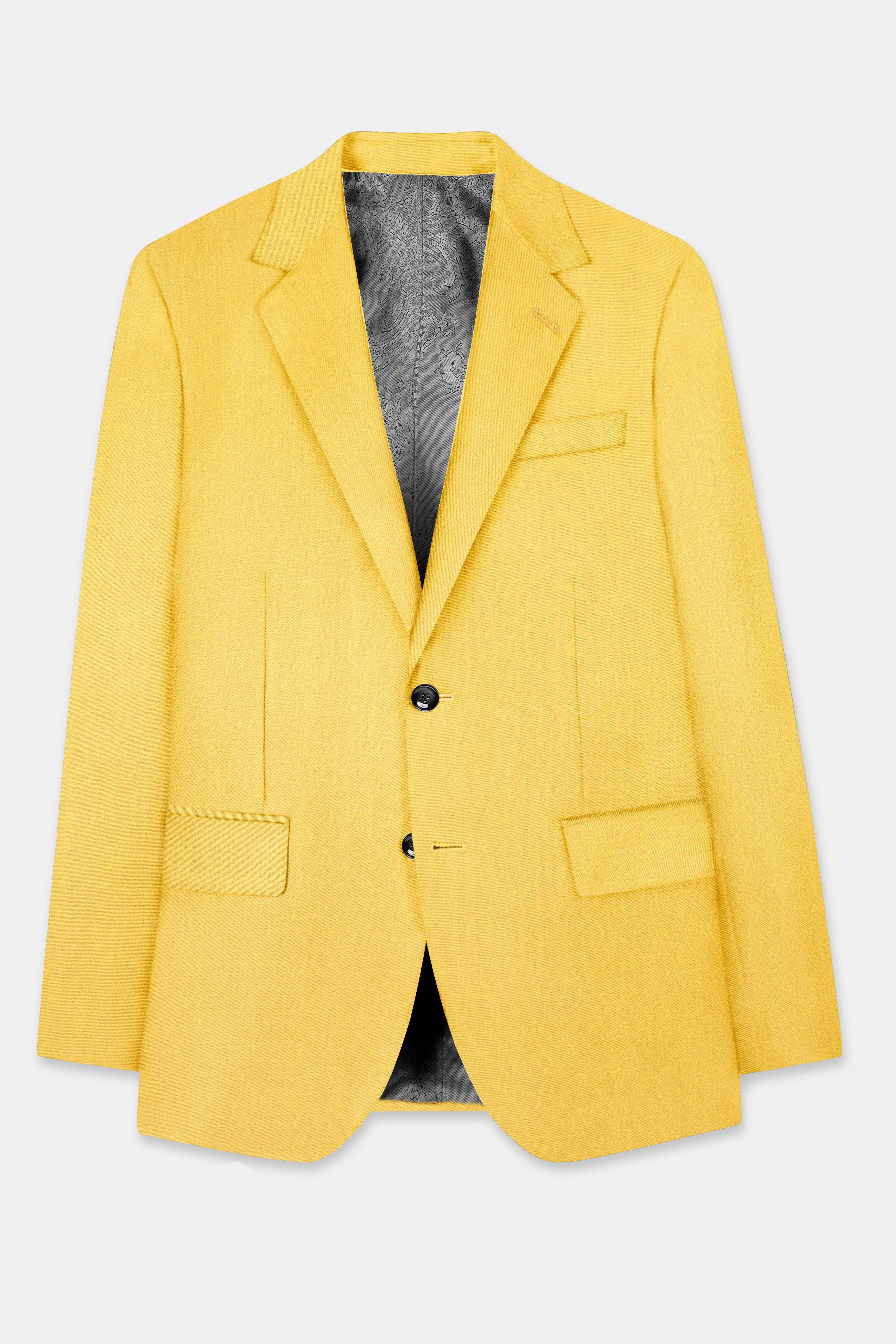 Saffron Elegance-Lemon Yellow Solid Wool Rich Single Breasted Slight Stretch Blazer