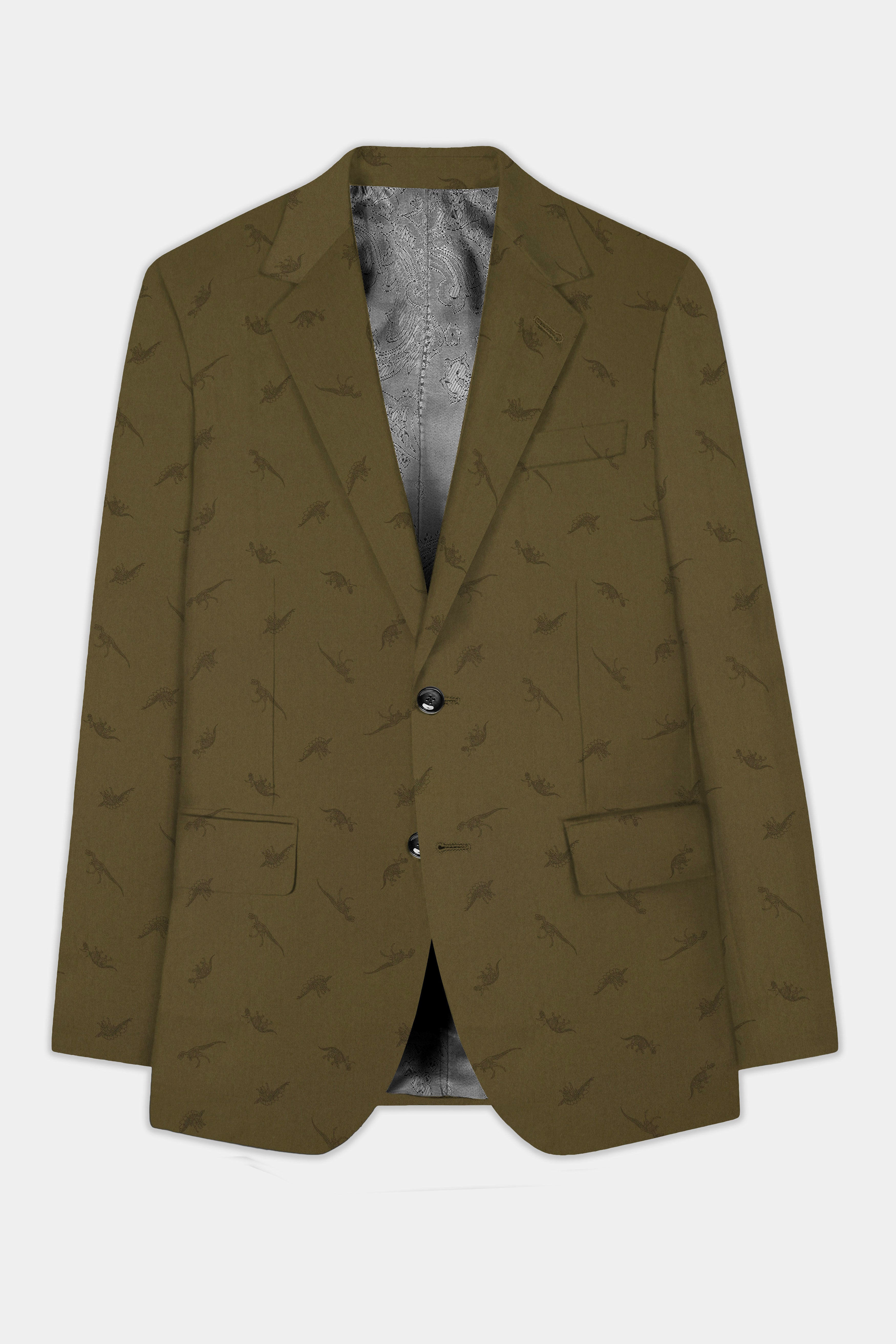 Prehistoric-Hemlock Green Dinosaur Printed Cotton Single Breasted Blazer
