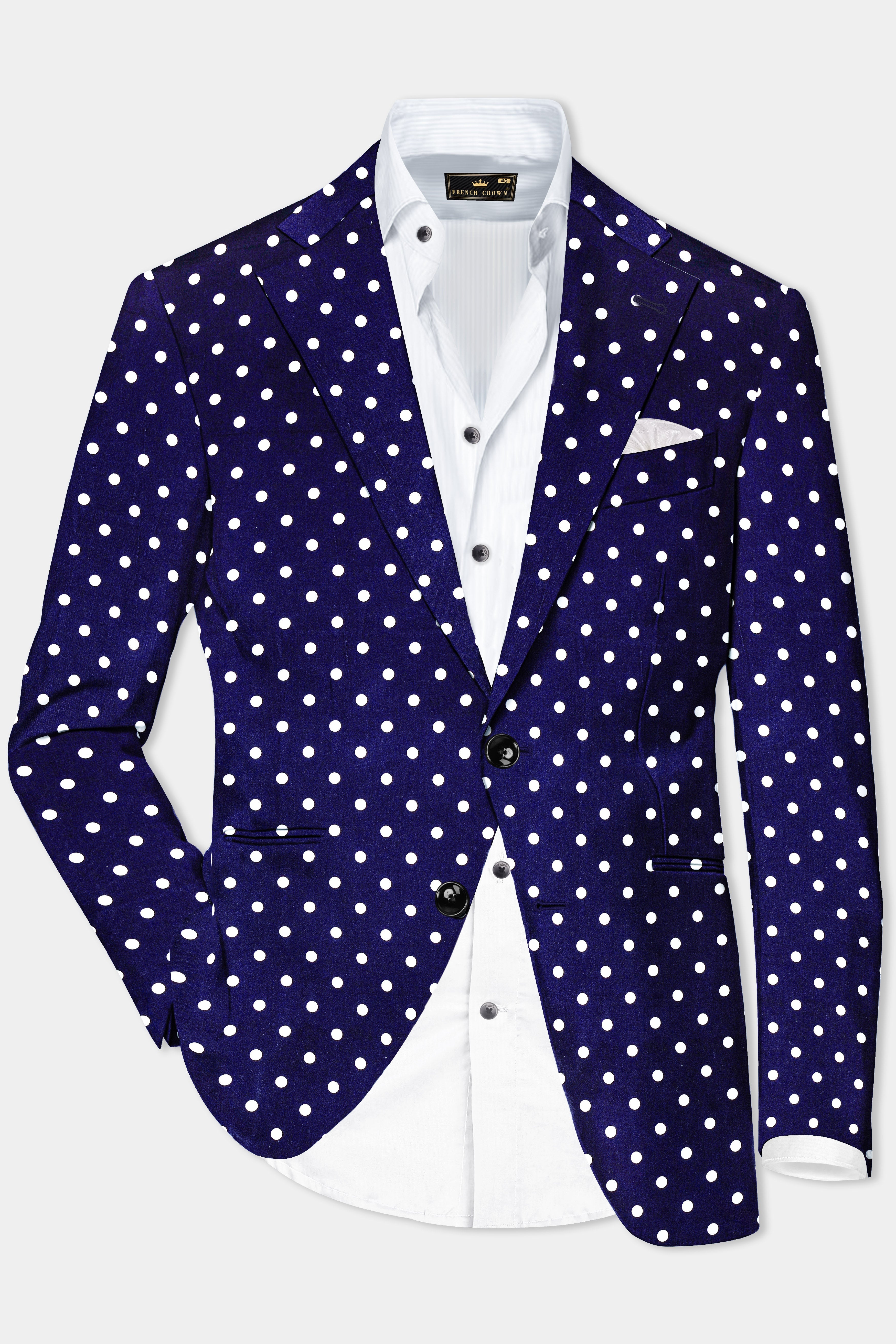Azure Noir-Ultramarine Blue Polka Dotted Printed Single Breasted Blazer