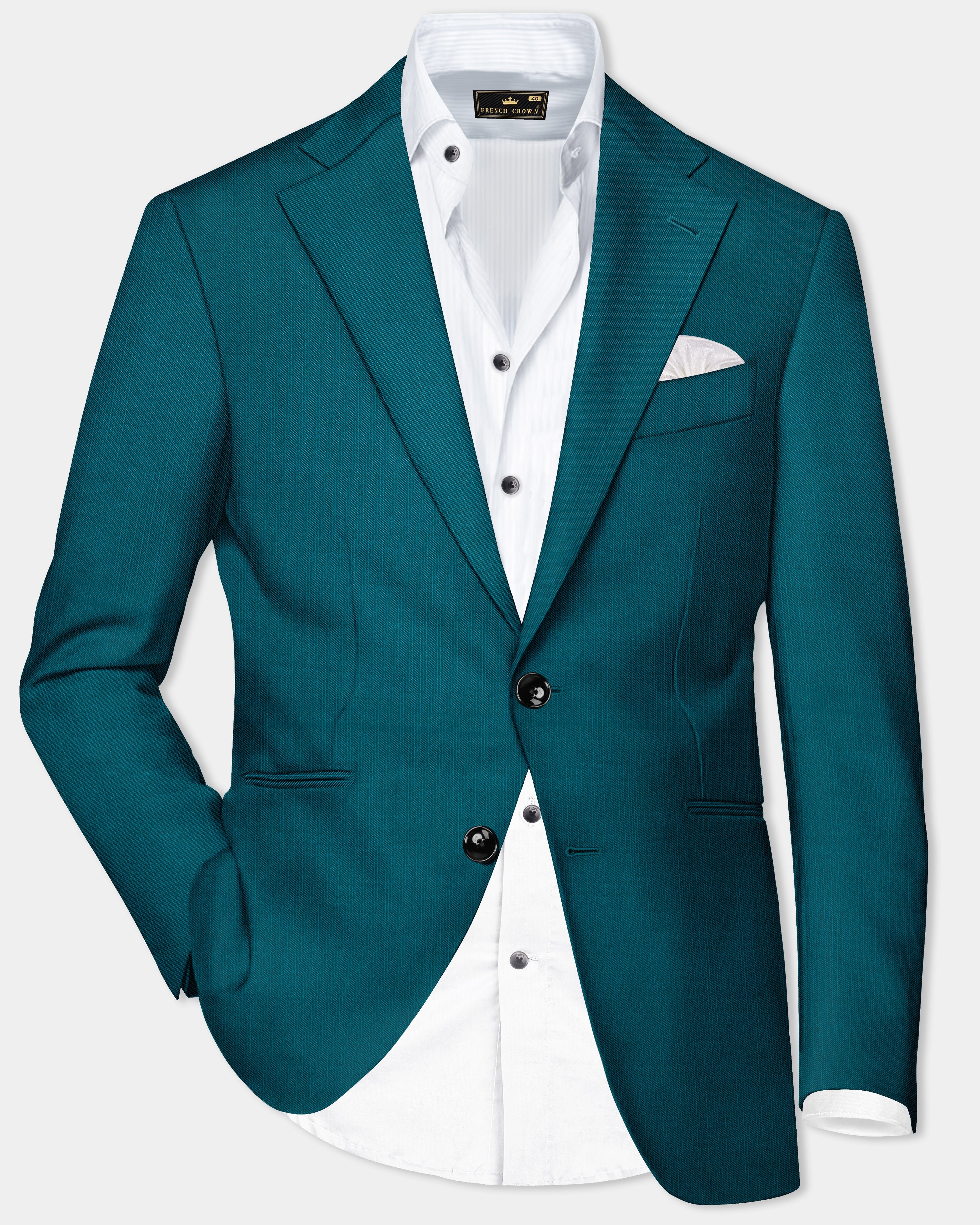 Sapphire-Peacock Blue Solid Wool Rich Single Breasted Slight Stretch Blazer