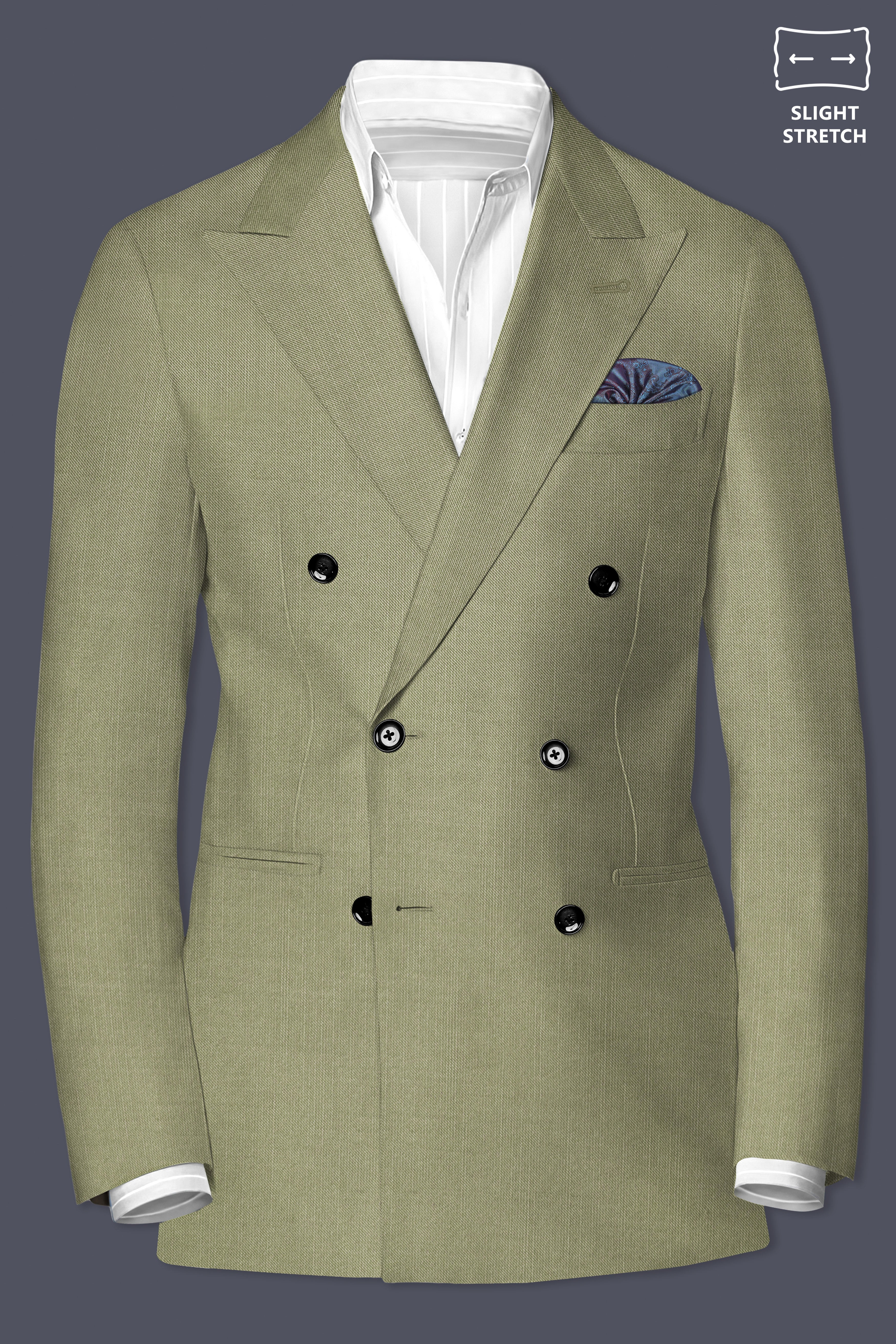 Citron-Lemon Grass Green Solid Wool Rich Double Breasted Slight Stretch Blazer