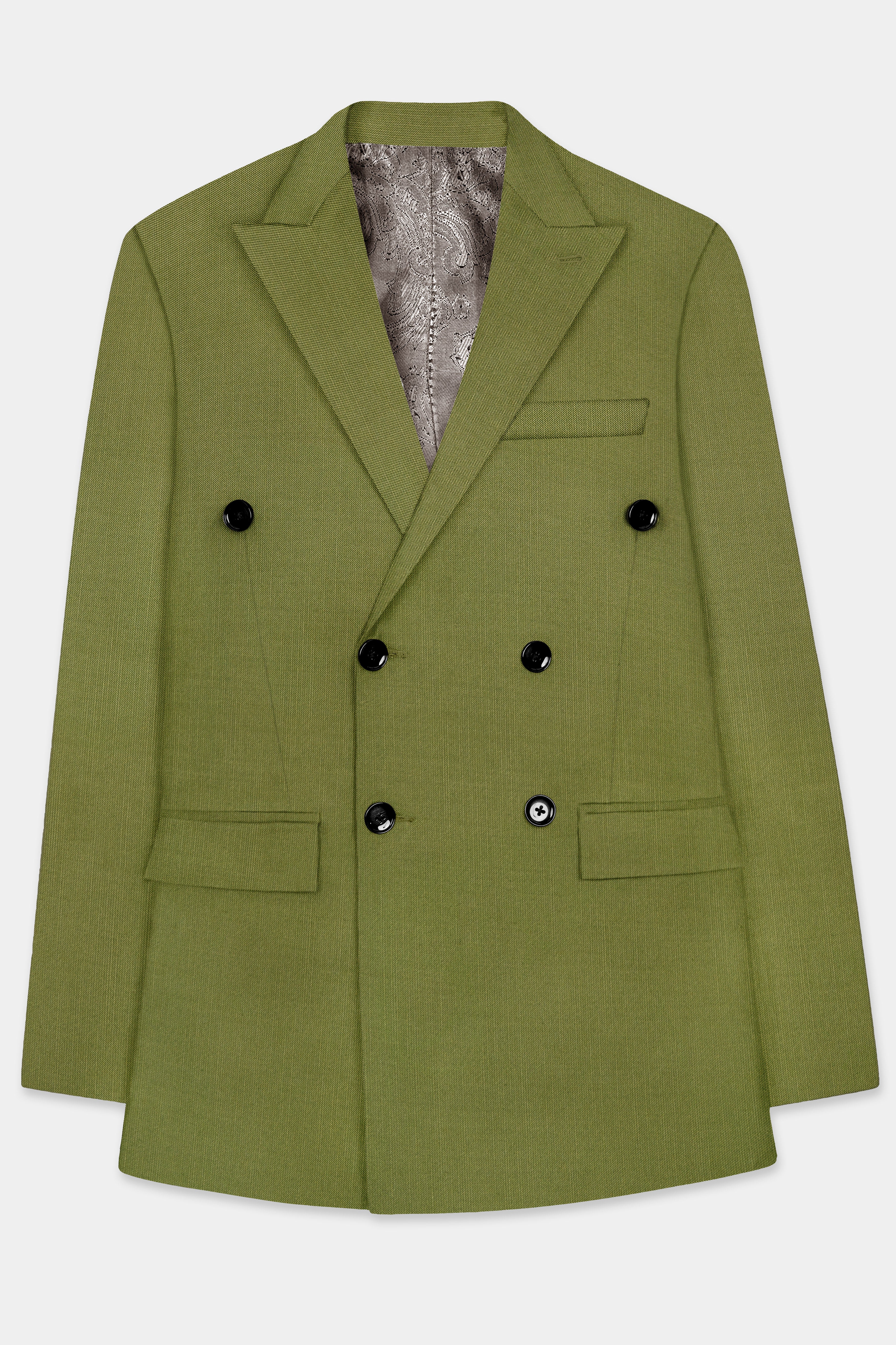 Glade-Muddy Green Solid Wool Rich Double Breasted Slight Stretch Blazer