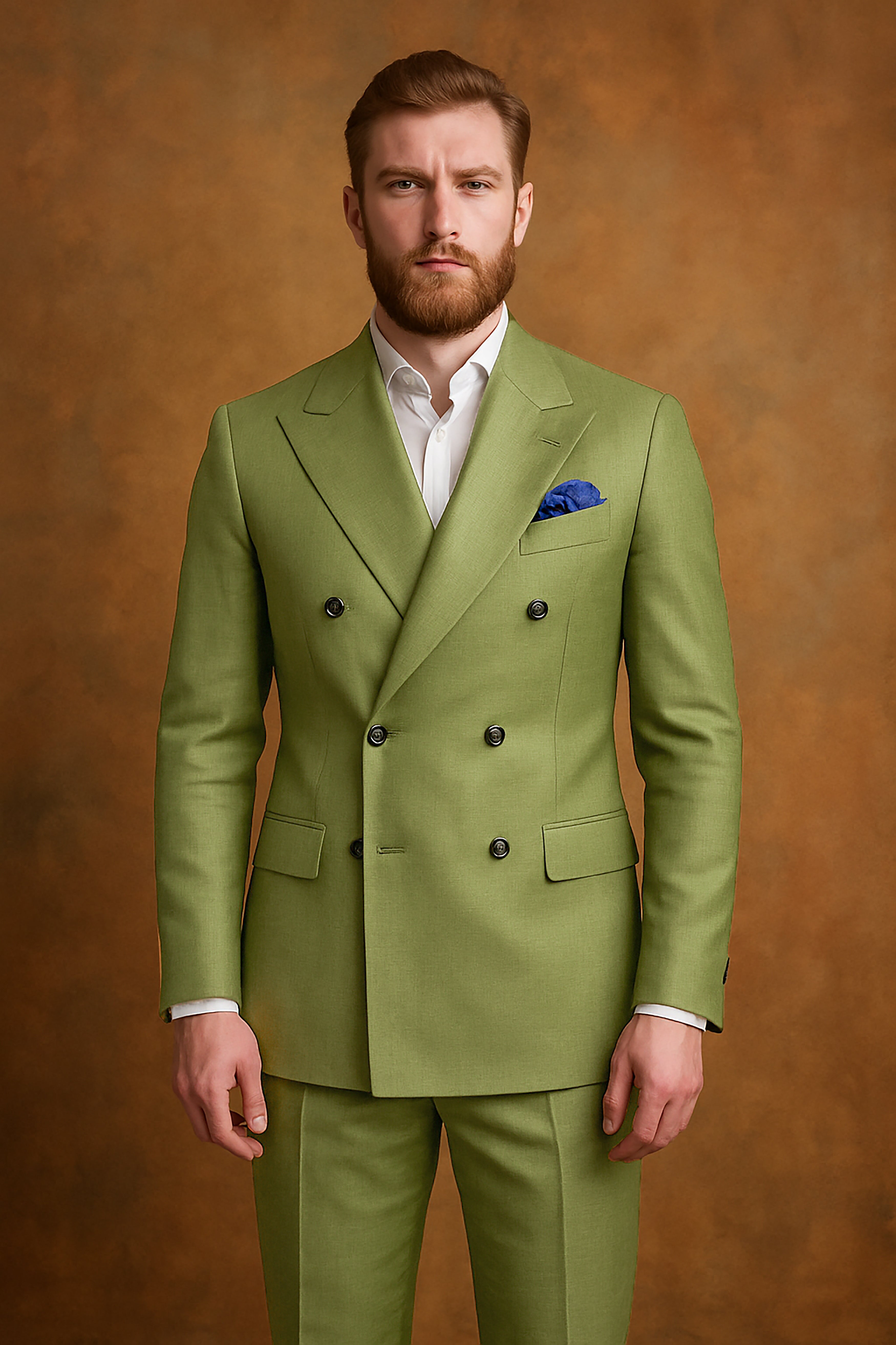 Glade-Muddy Green Solid Wool Rich Double Breasted Slight Stretch Blazer