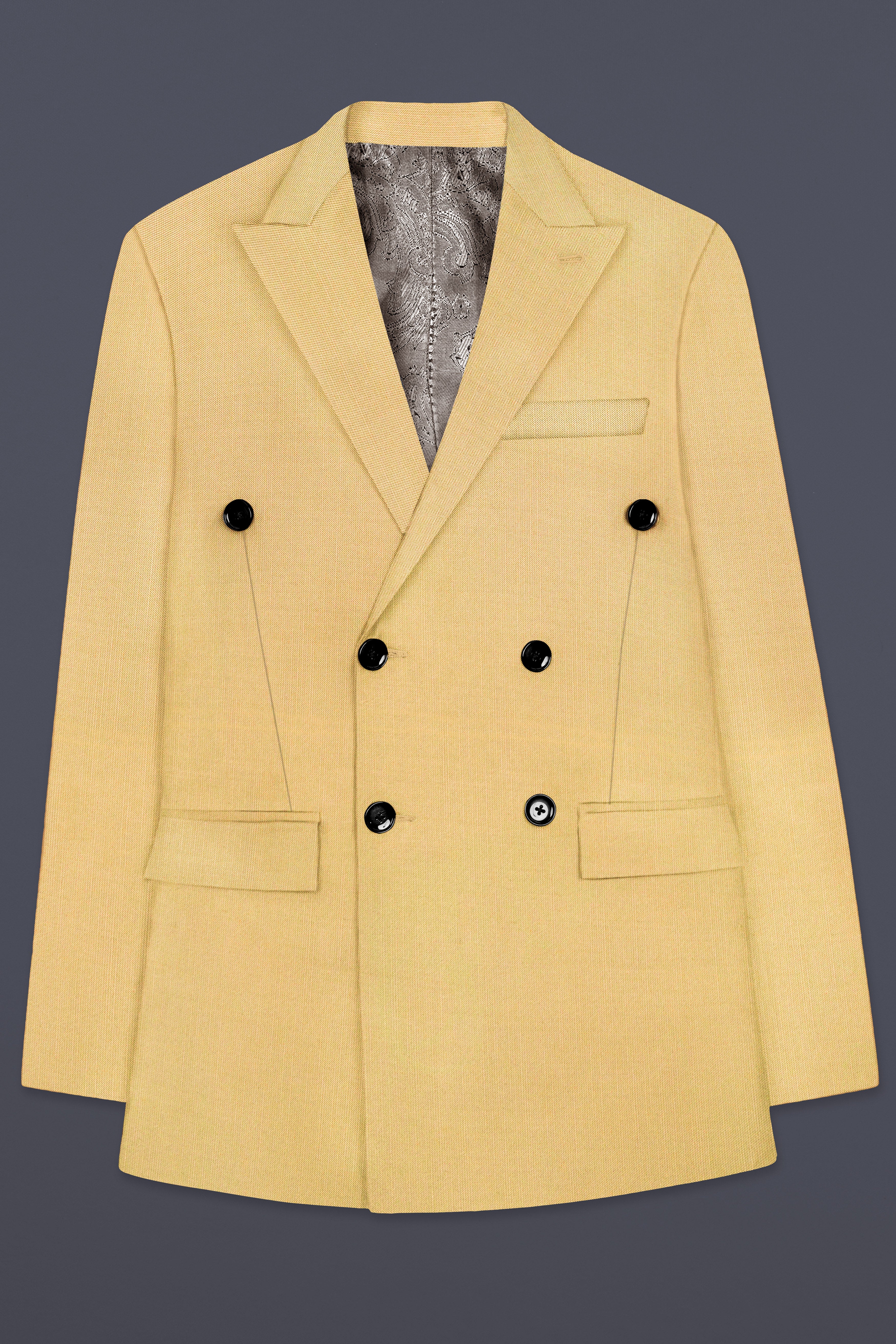 Saffron-Harvest Yellow Solid Wool Rich Double Breasted Slight Stretch Blazer