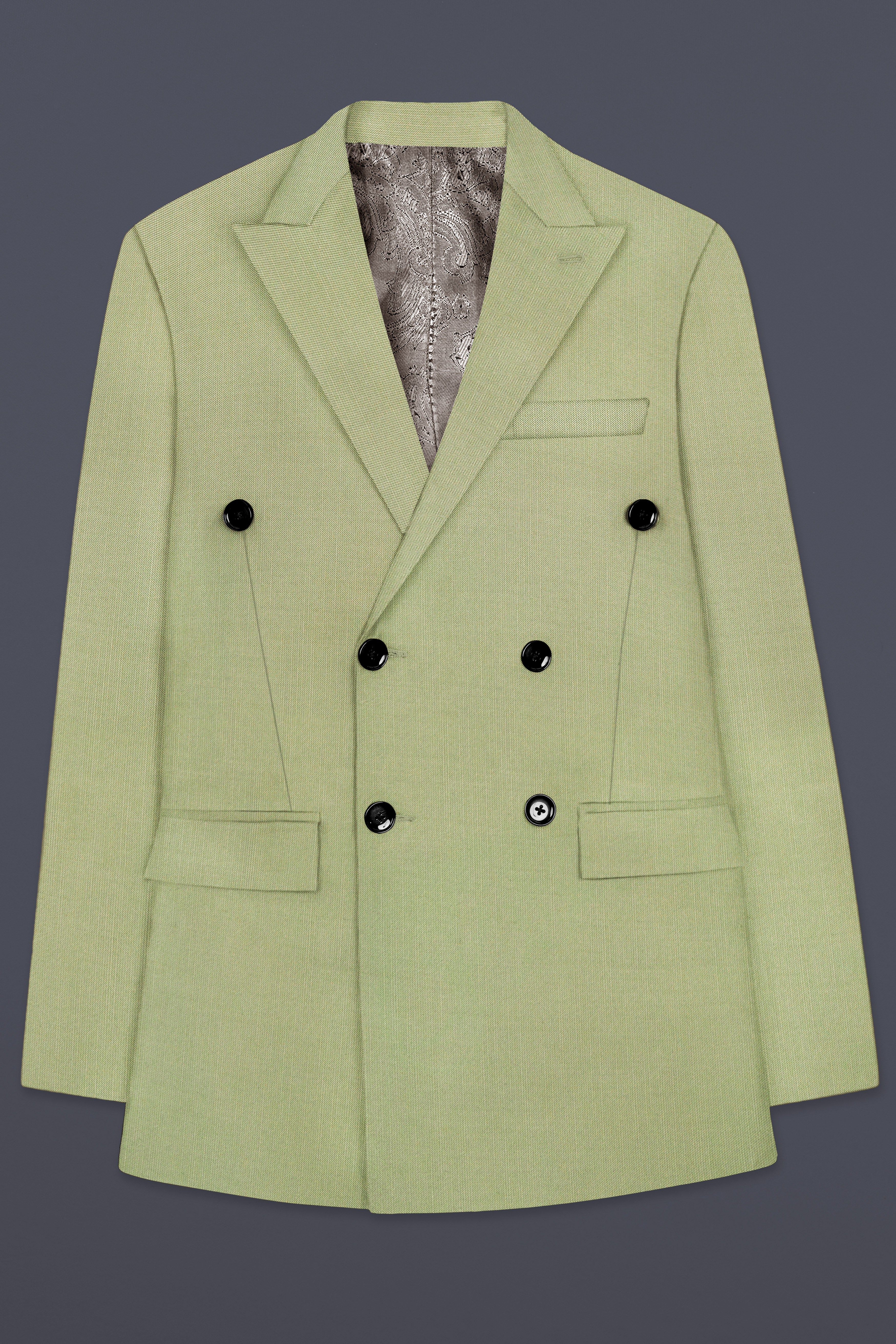 Marsh-Swamp Green Solid Wool Rich Double Breasted Slight Stretch Blazer