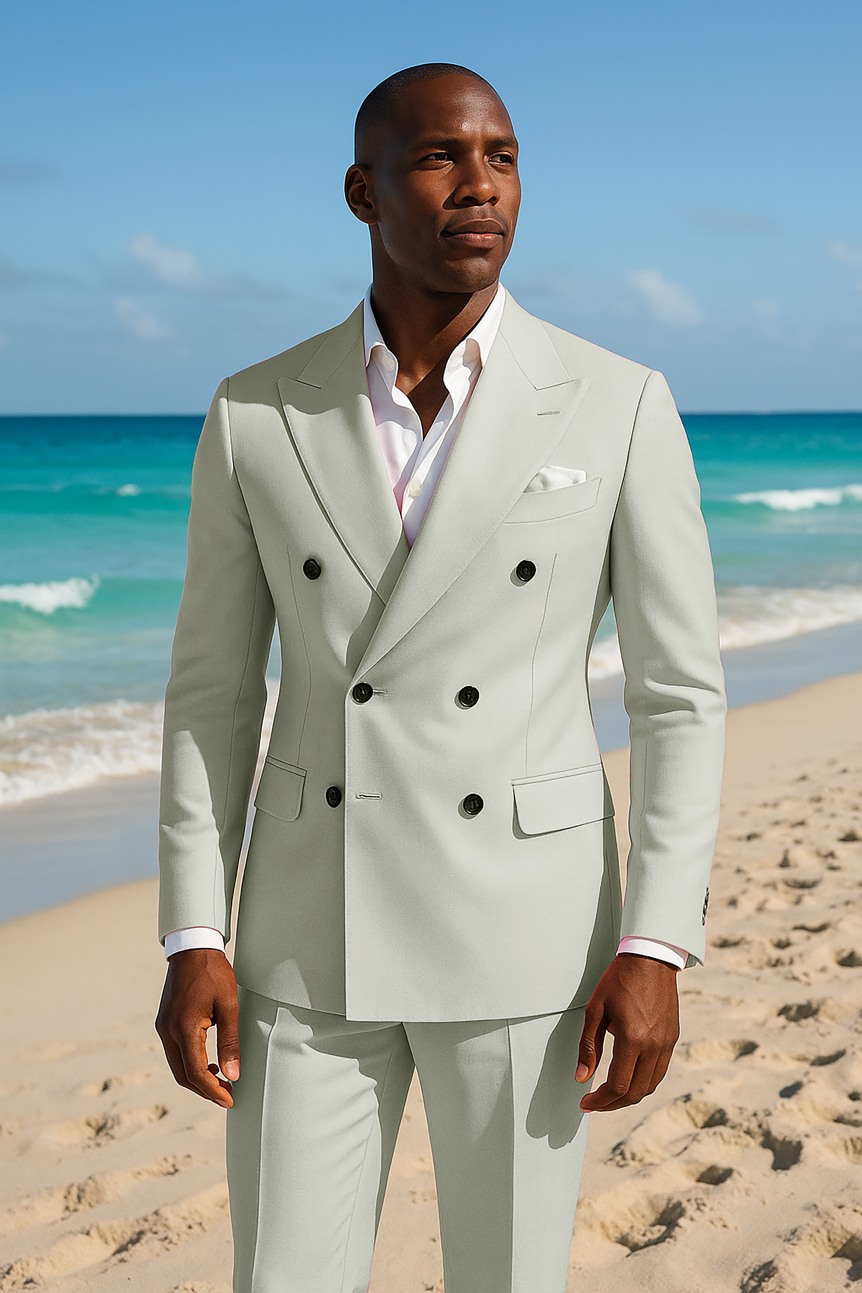 Lichen-Norway Green Solid Wool Rich Double Breasted Slight Stretch Blazer