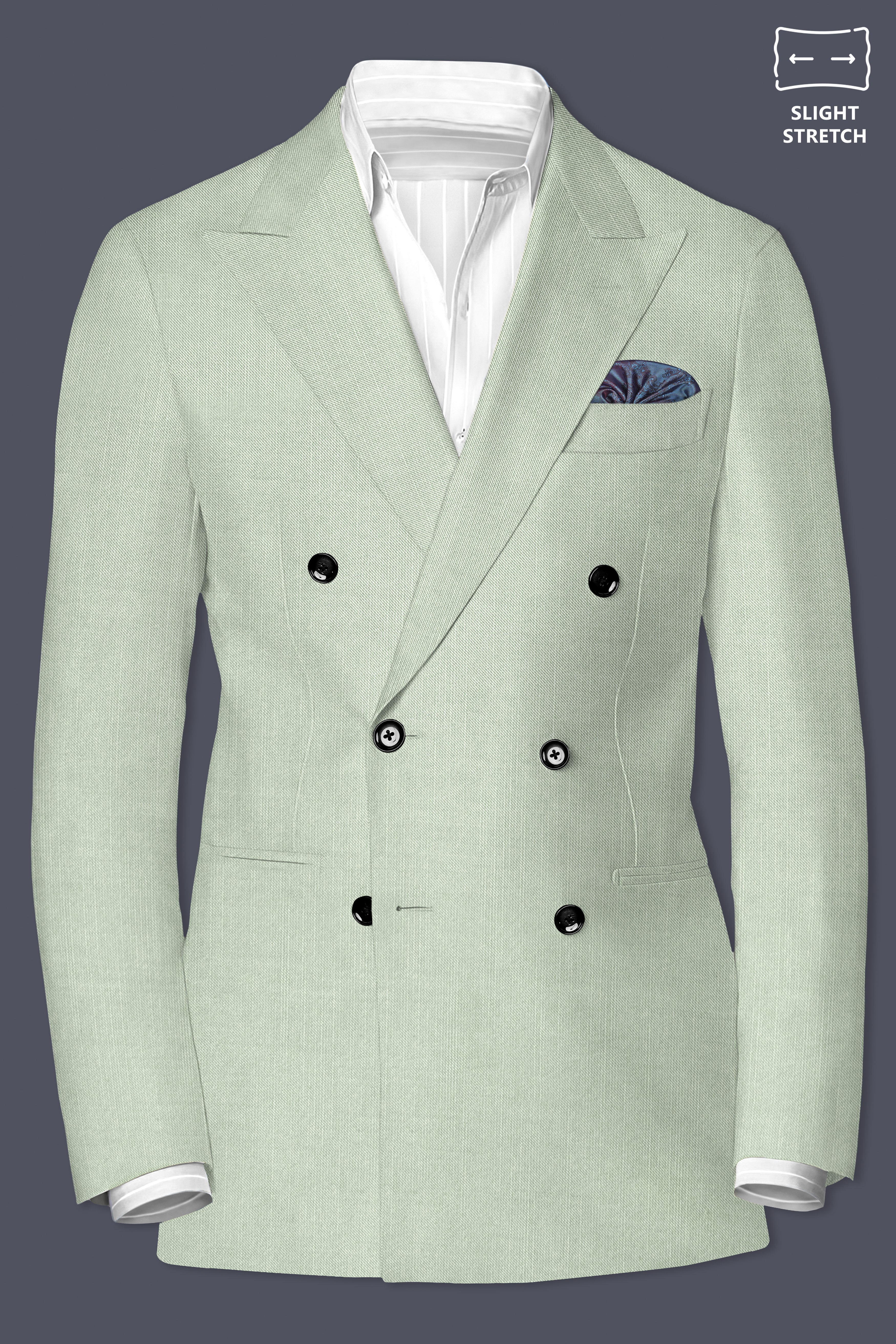 Lichen-Norway Green Solid Wool Rich Double Breasted Slight Stretch Blazer