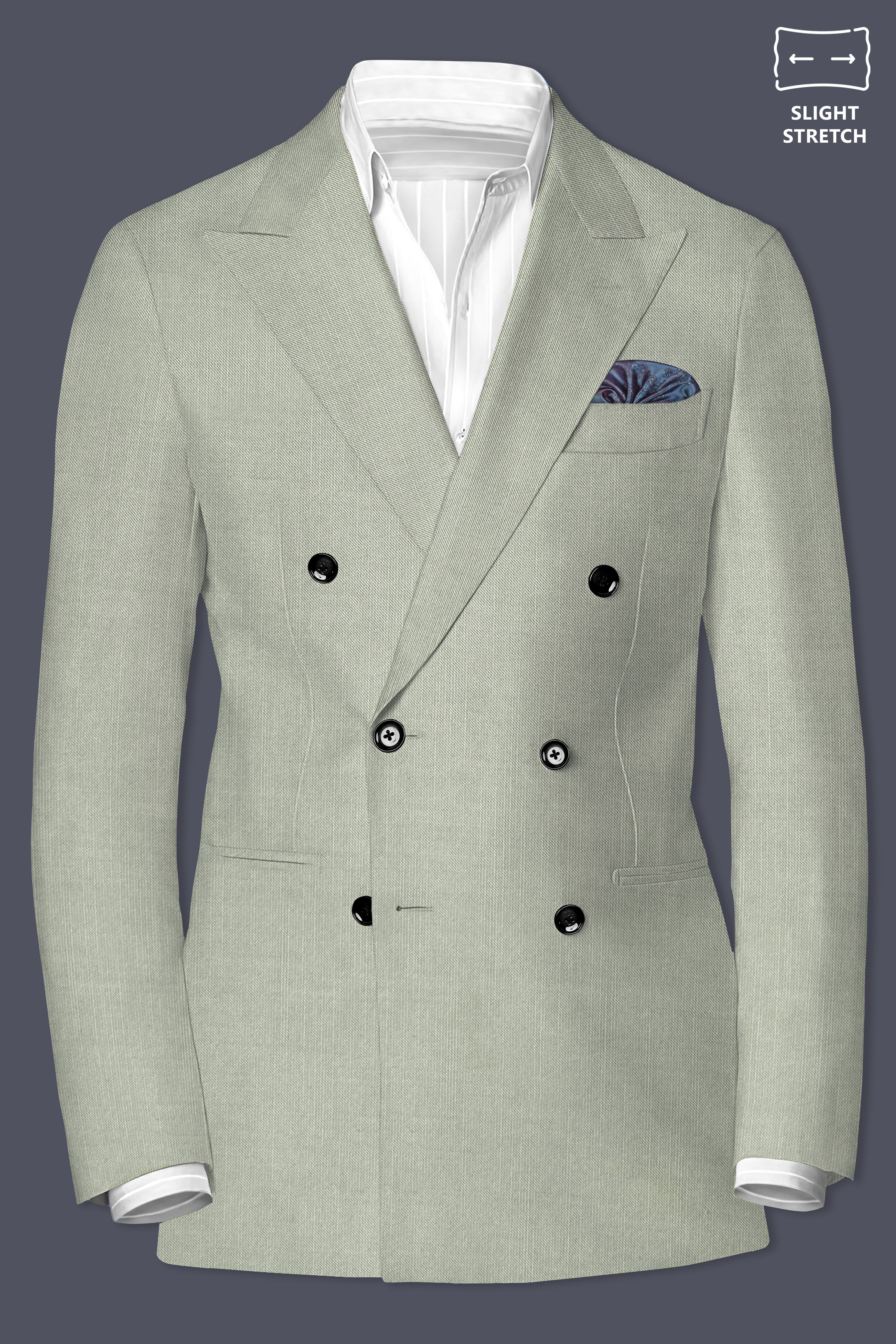 Lichen-Norway Green Solid Wool Rich Double Breasted Slight Stretch Blazer