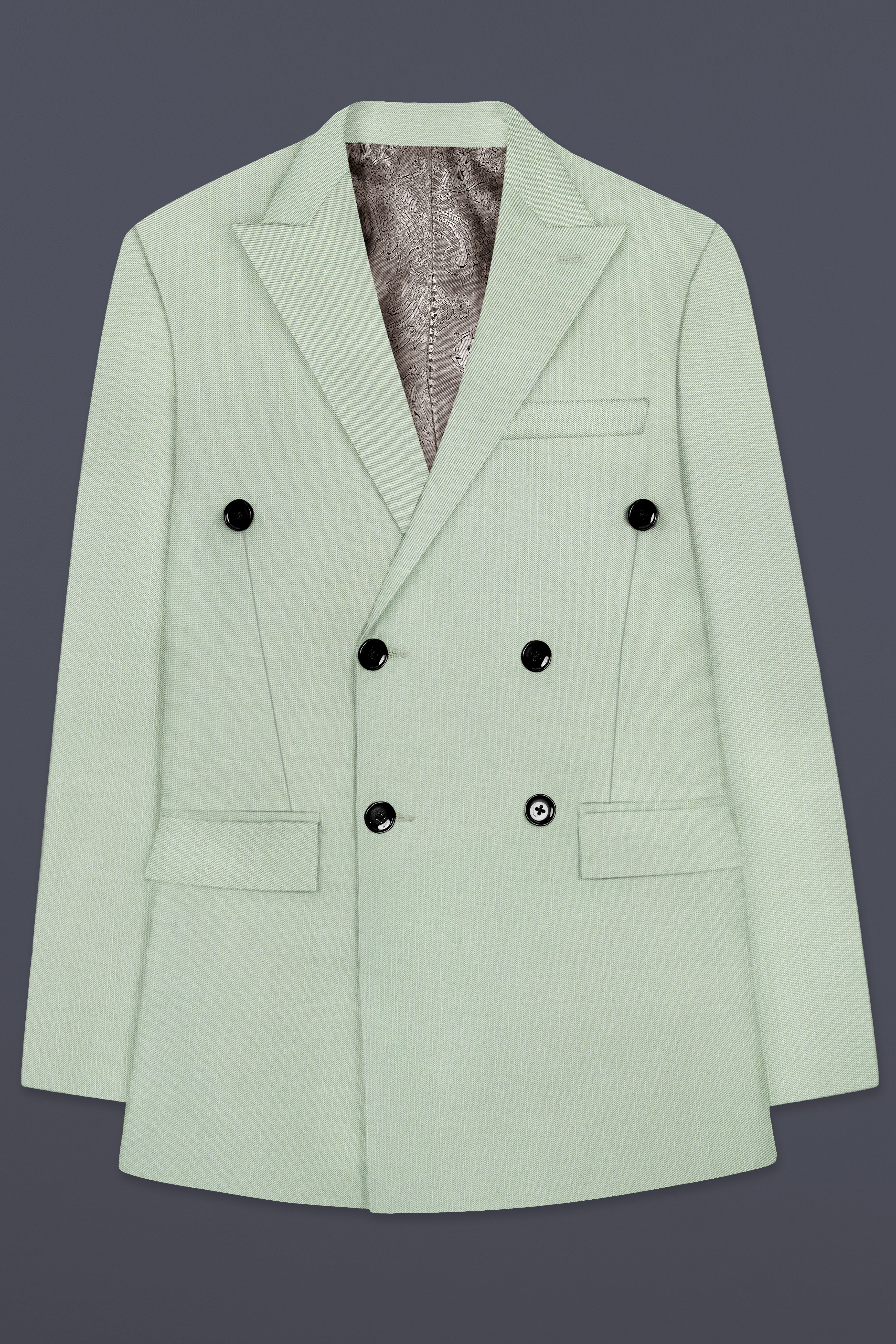 Lichen-Norway Green Solid Wool Rich Double Breasted Slight Stretch Blazer