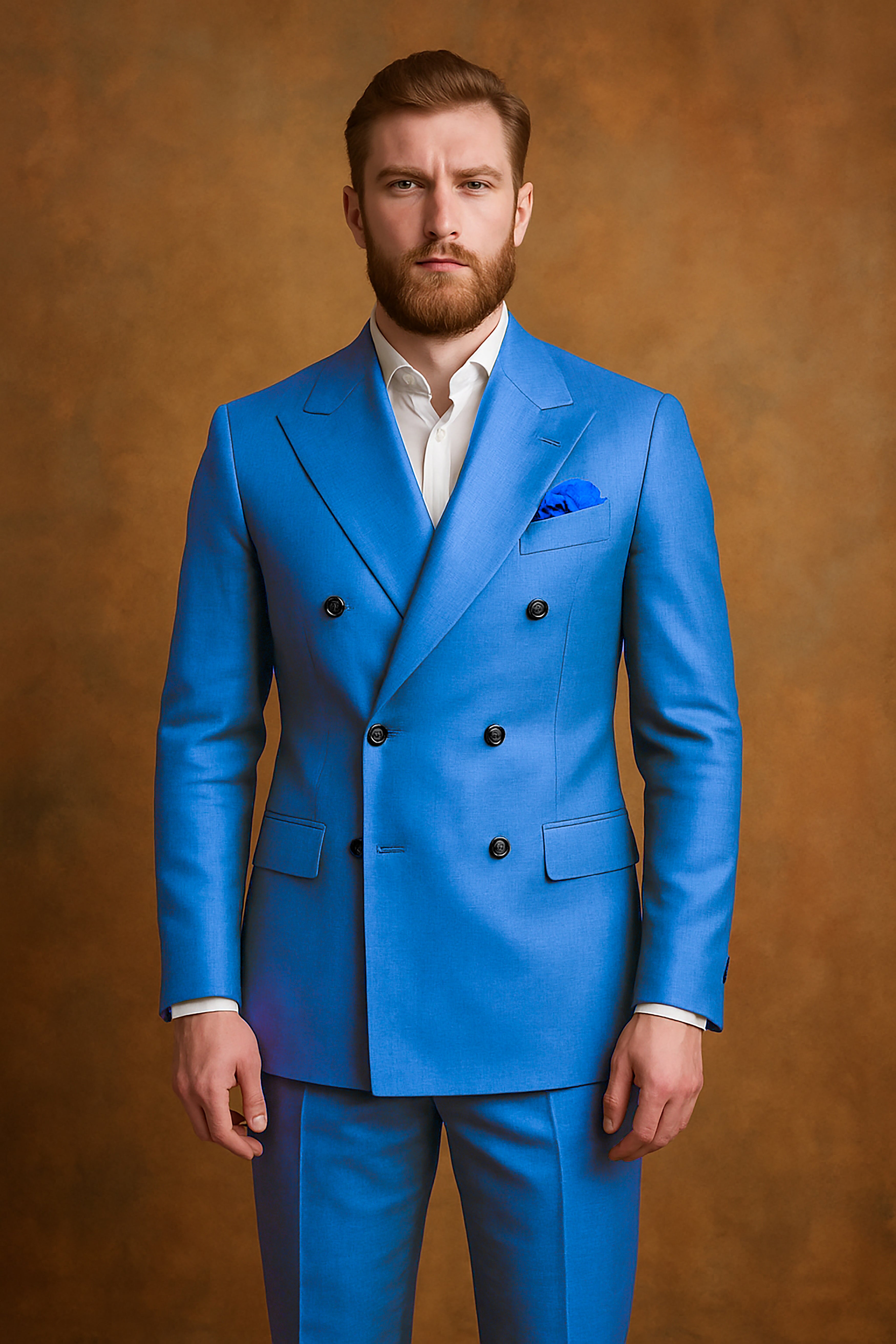 Azure-Venice Blue Solid Wool Rich Double Breasted Slight Stretch Blazer