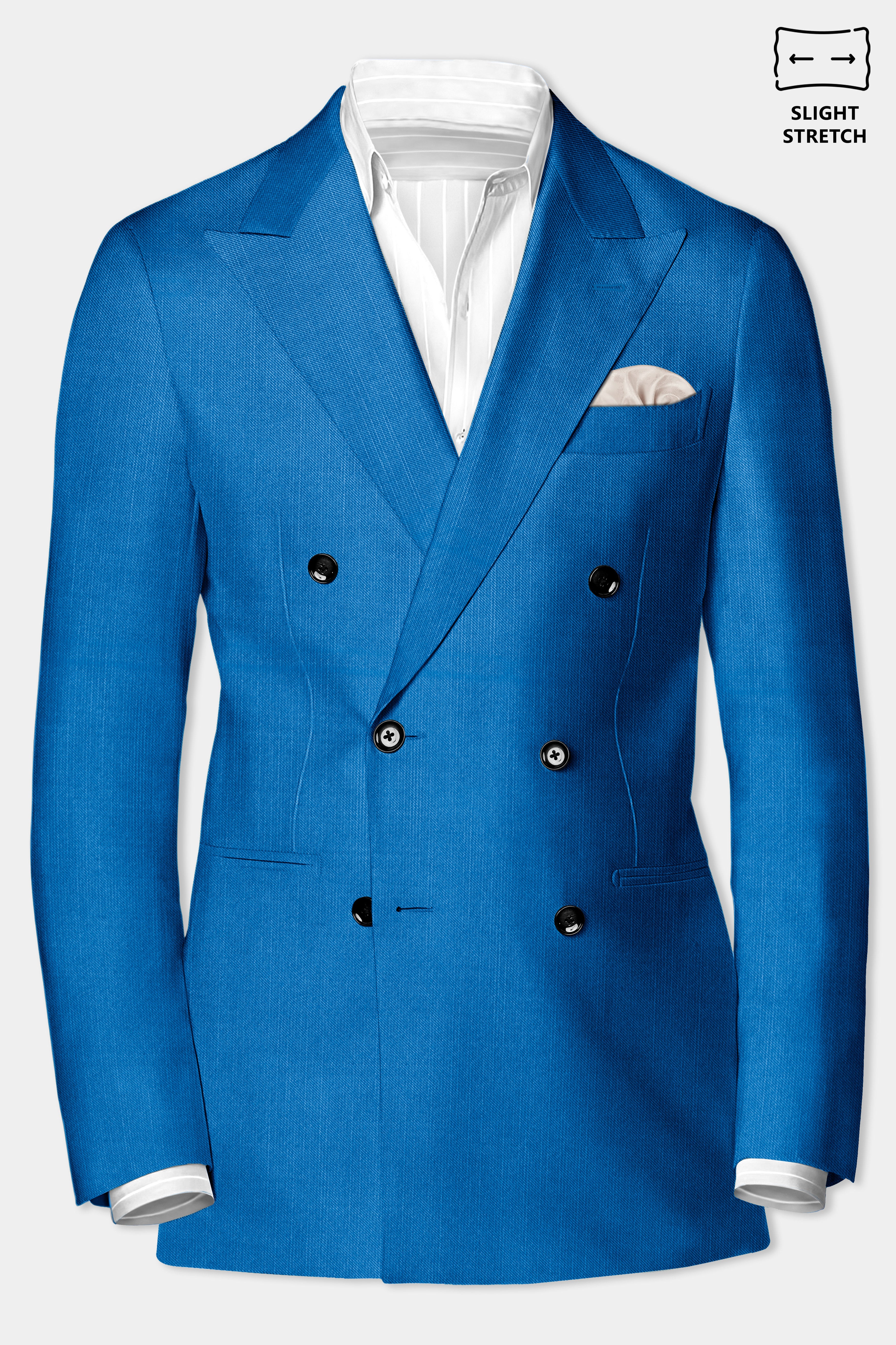 Azure-Venice Blue Solid Wool Rich Double Breasted Slight Stretch Blazer