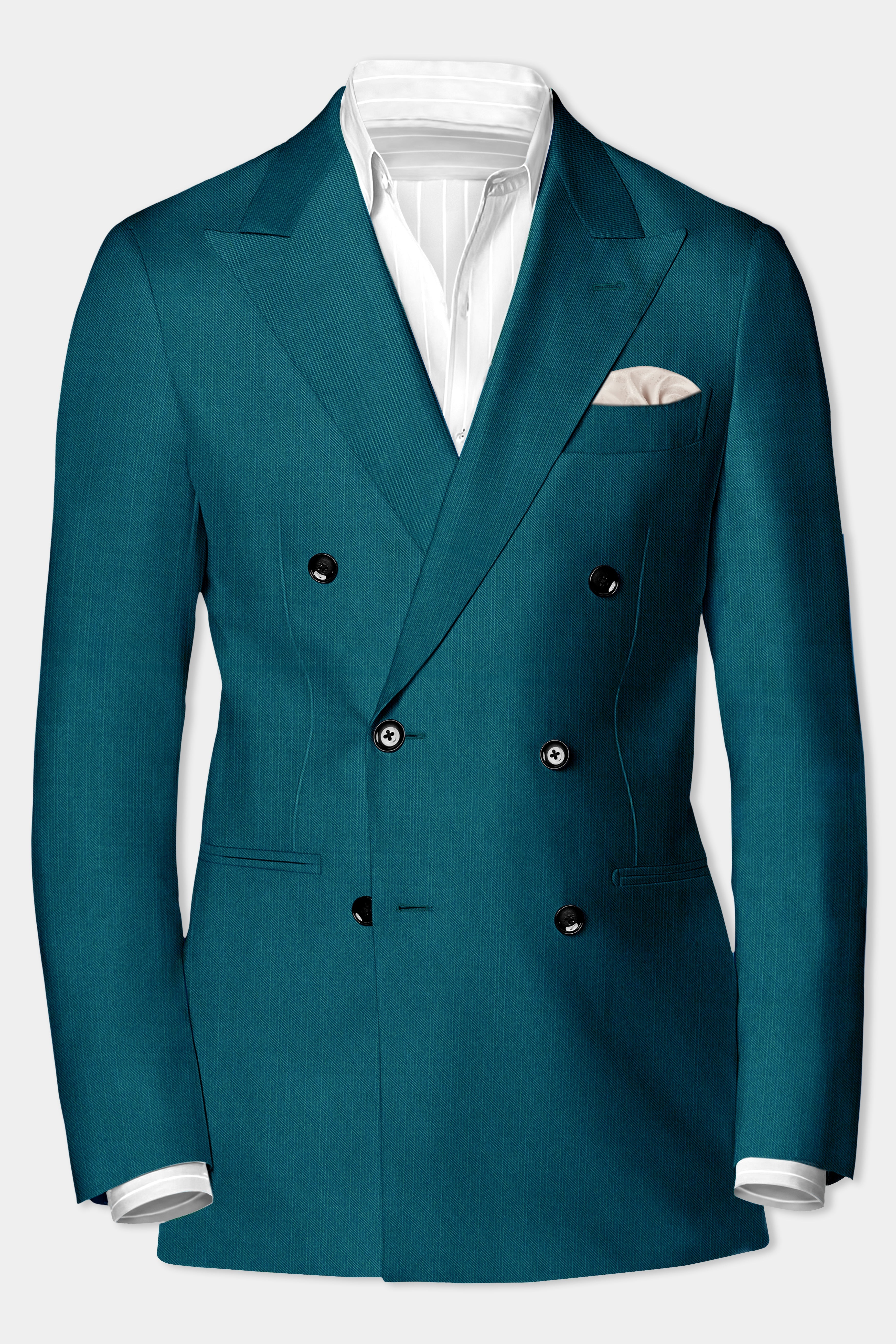 Sapphire-Peacock Blue Solid Wool Rich Double Breasted Stretchable traveler Blazer