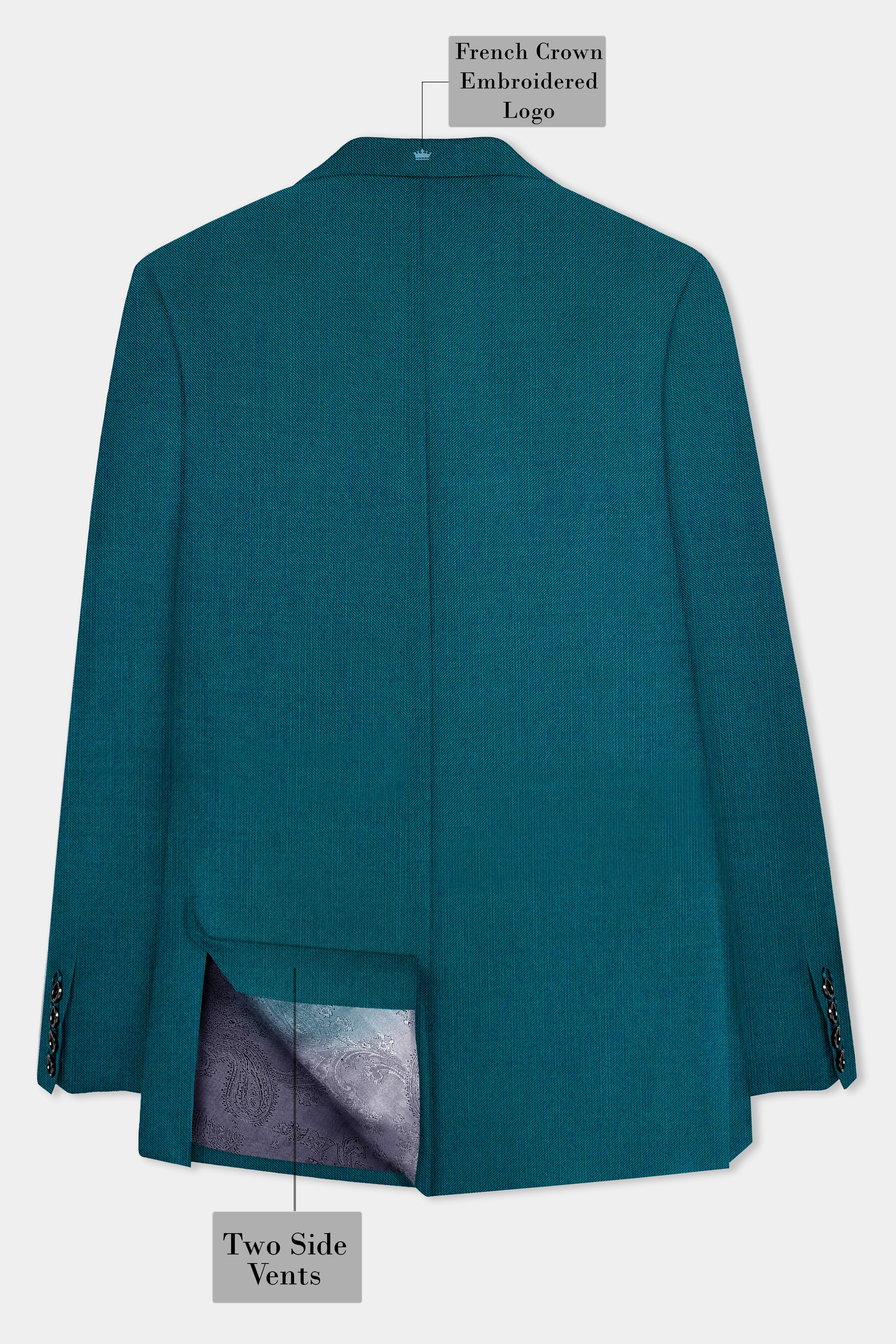 Sapphire-Peacock Blue Solid Wool Rich Double Breasted Stretchable traveler Blazer