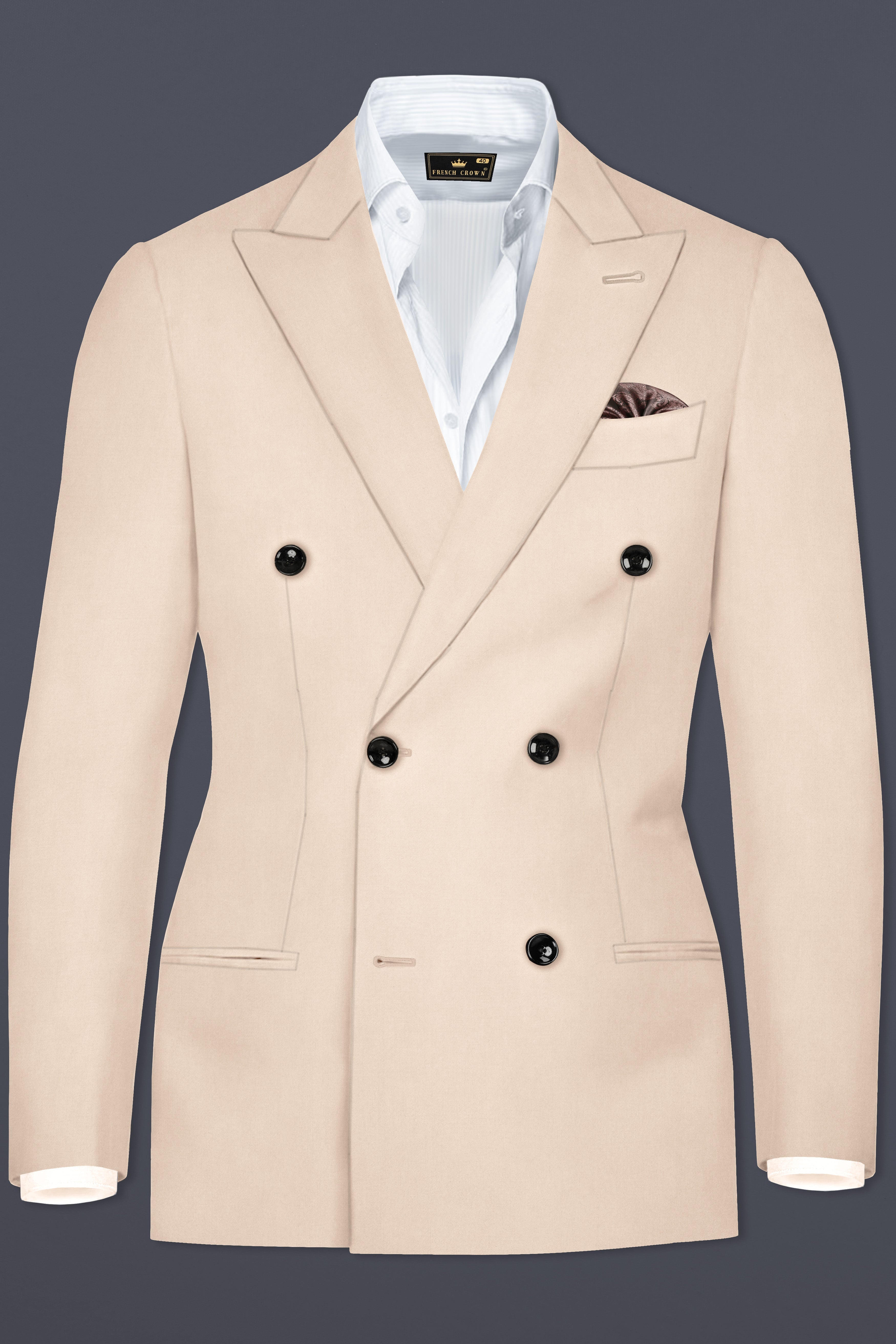 Almond Cream Solid Cotton Double Breasted Blazer