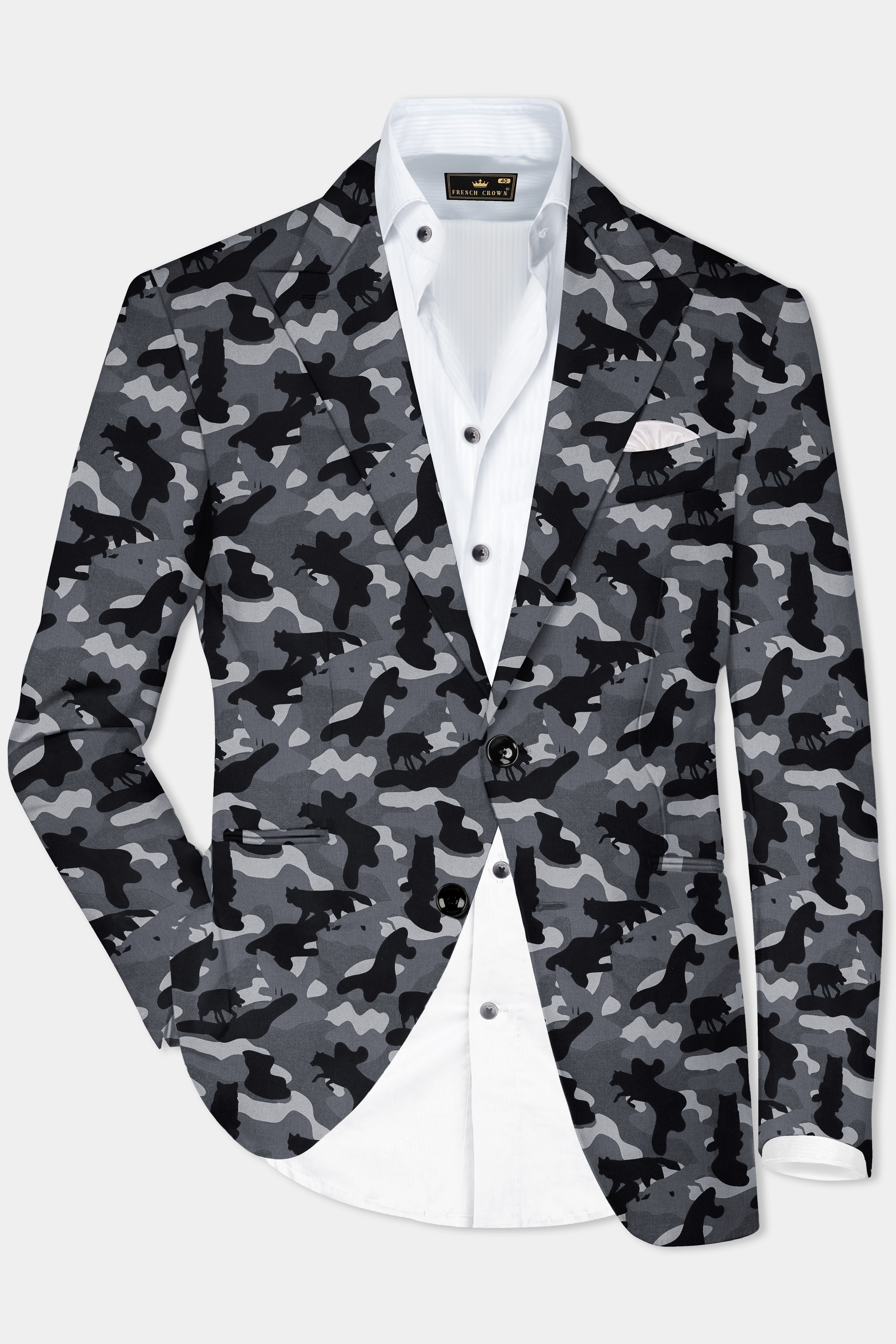 Carbon Gray And Cinder Black Camouflage Printed Cotton Single Breasted Blazer
