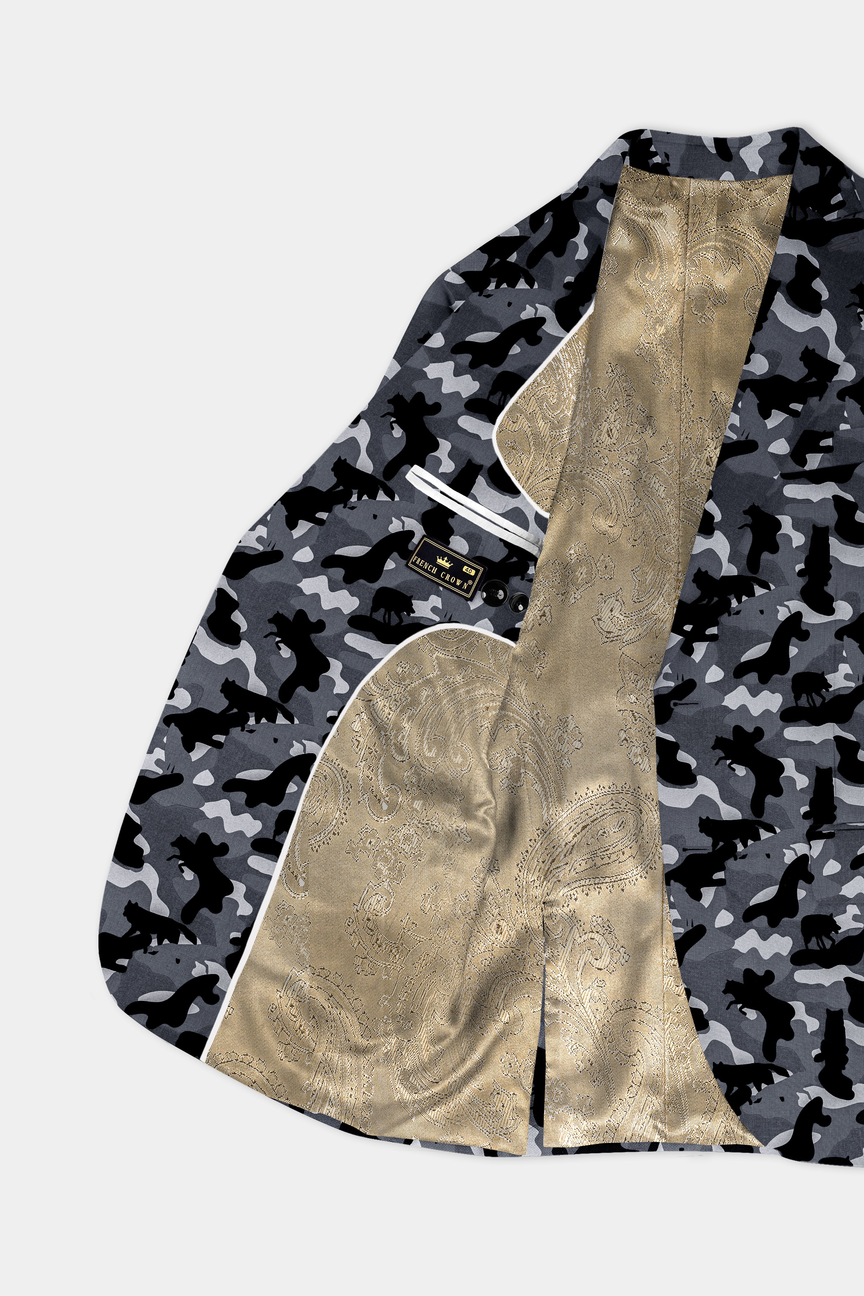 Carbon Gray And Cinder Black Camouflage Printed Cotton Single Breasted Blazer