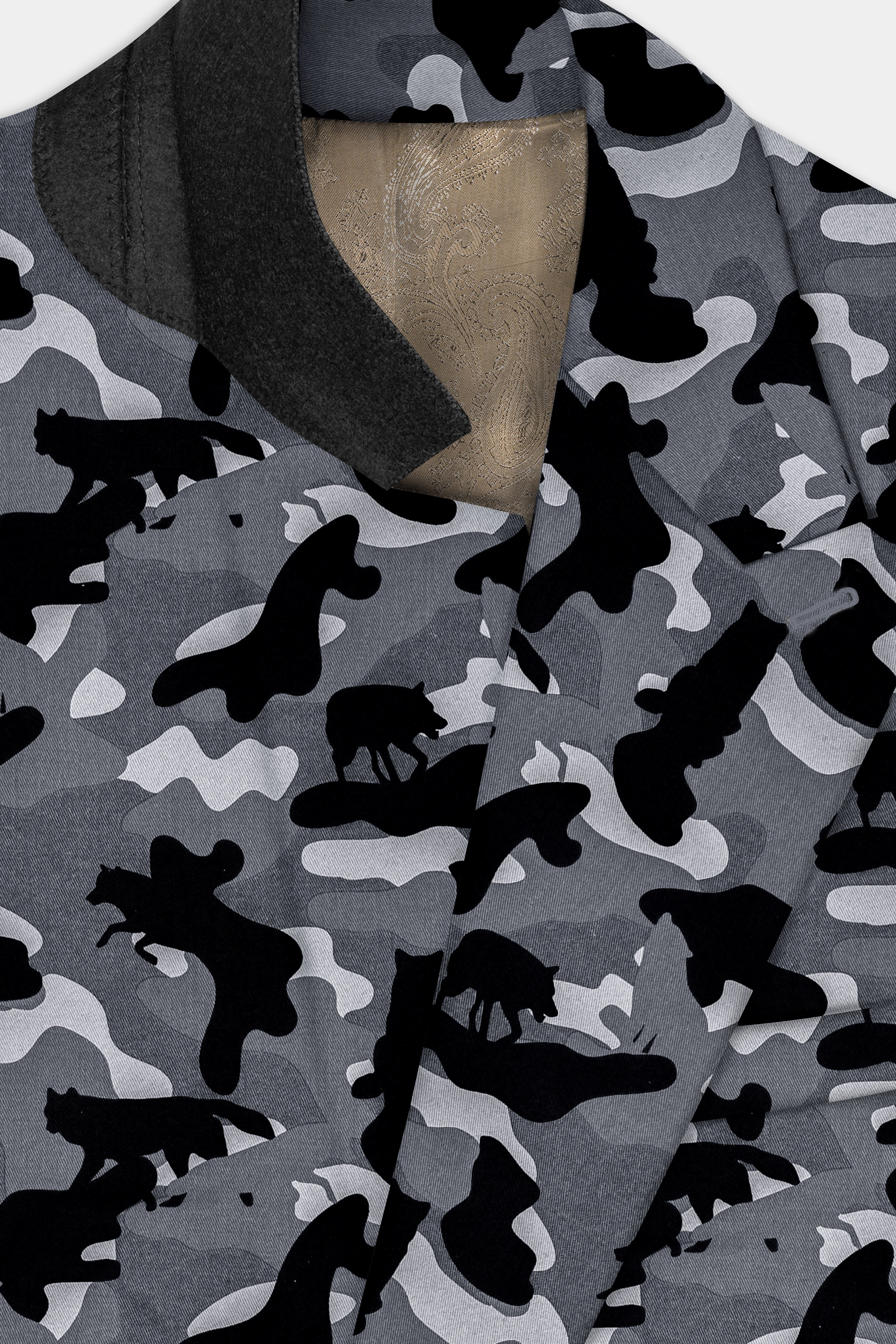 Carbon Gray And Cinder Black Camouflage Printed Cotton Single Breasted Blazer