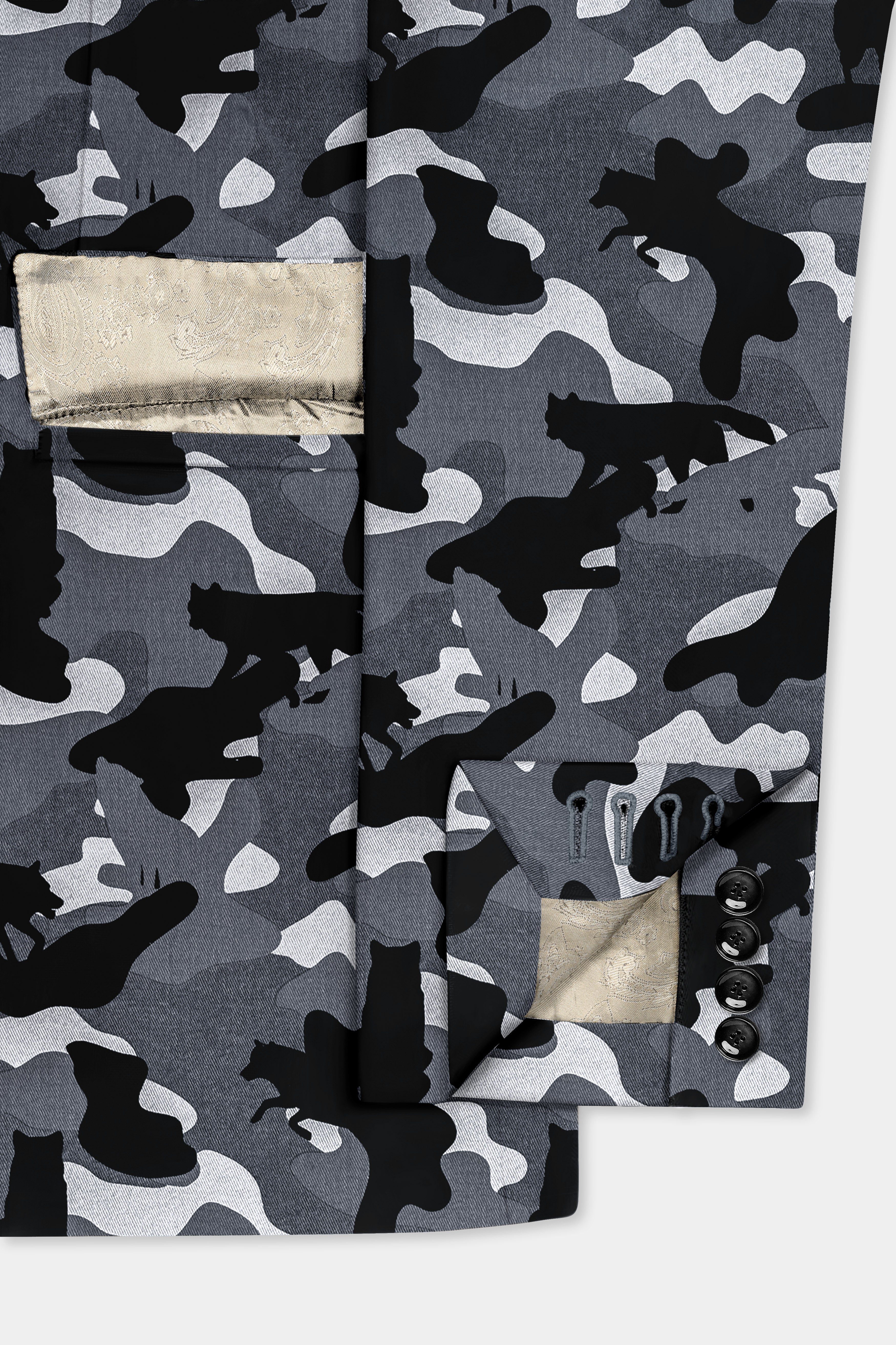 Carbon Gray And Cinder Black Camouflage Printed Cotton Single Breasted Blazer