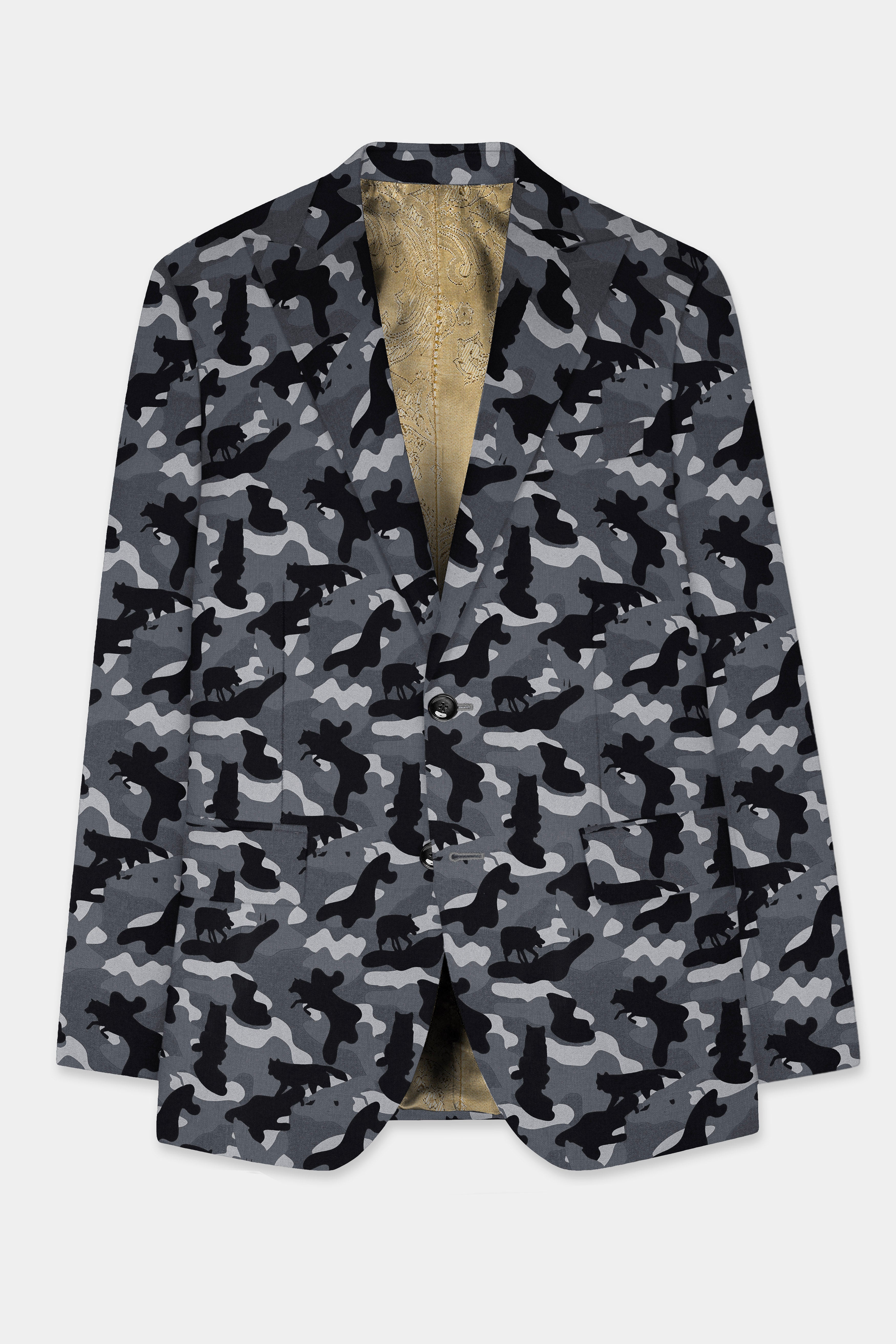 Carbon Gray And Cinder Black Camouflage Printed Cotton Single Breasted Blazer