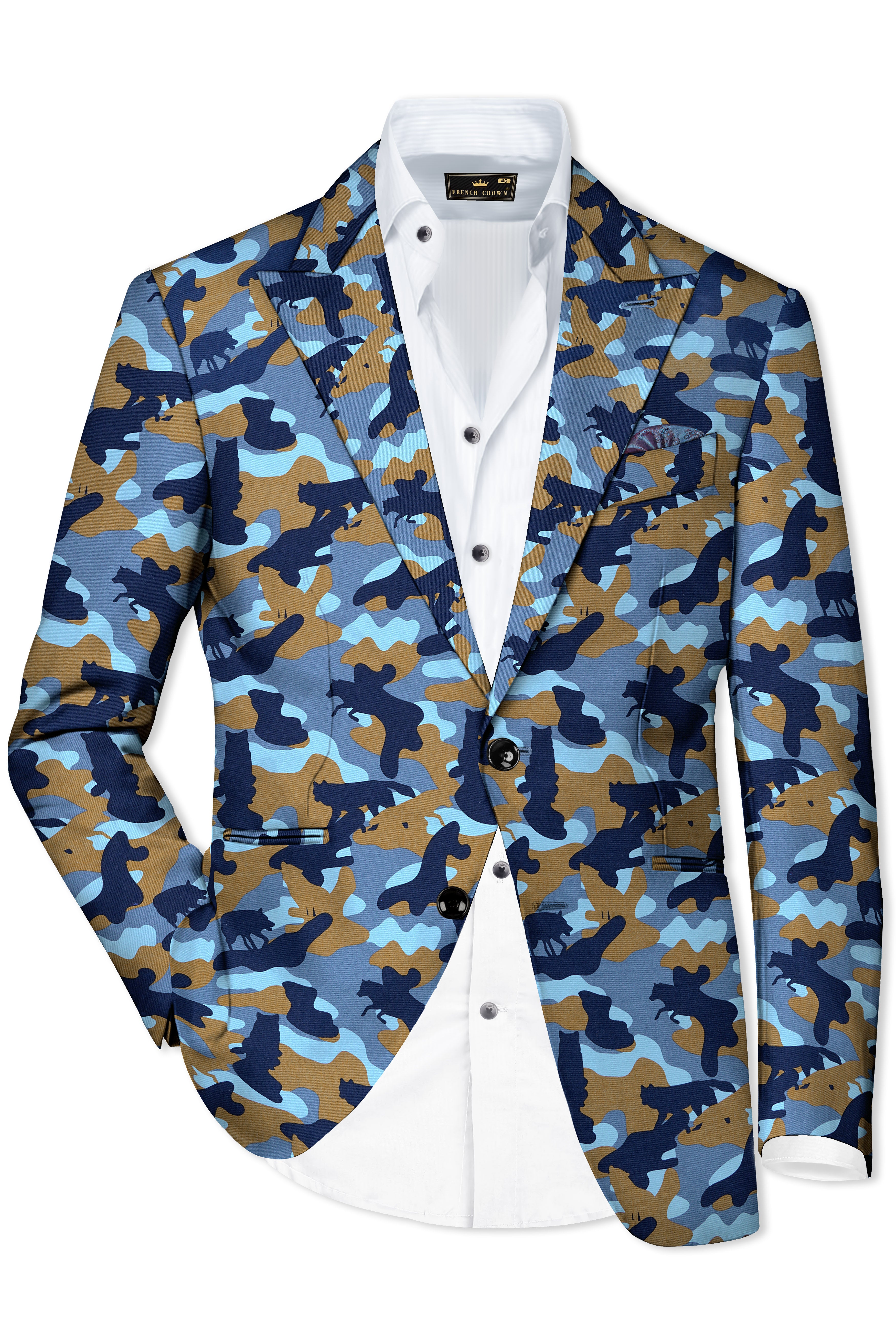 Martinique Blue And Irish Brown Camouflage Printed Single Breasted Blazer